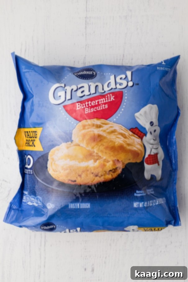 A bag of popular Pillsbury Grands frozen buttermilk biscuits, highlighted as the preferred choice for this easy air fryer recipe.