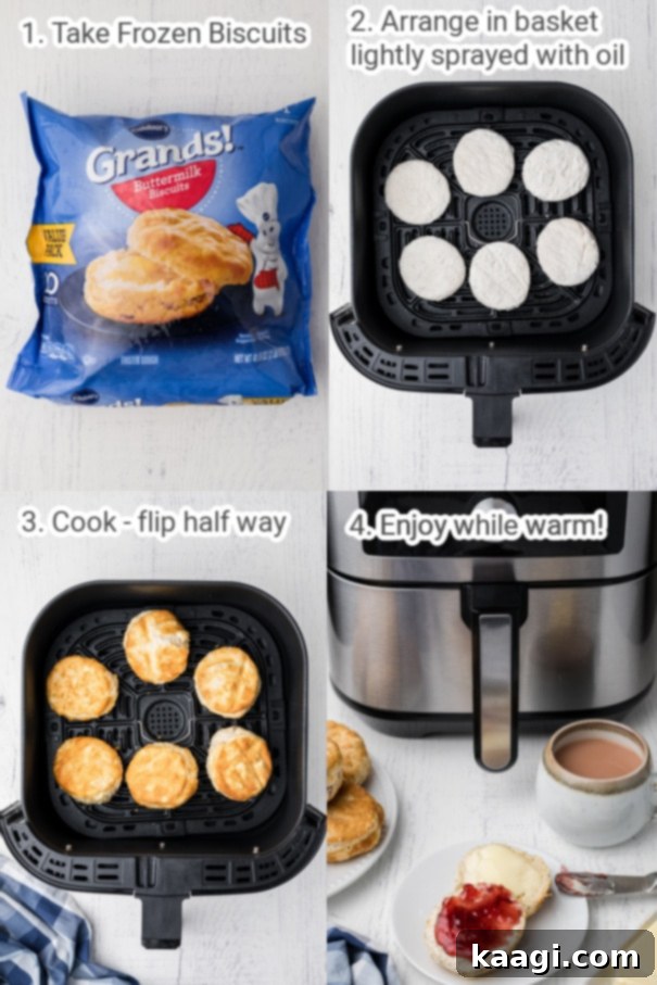A visual guide demonstrating the process of arranging frozen biscuits in an air fryer basket and the delicious outcome of golden-brown, cooked biscuits.