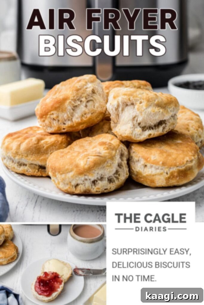 A Pinterest pin featuring a beautiful plate of air fryer biscuits, with an air fryer in the soft background, optimized for social sharing.