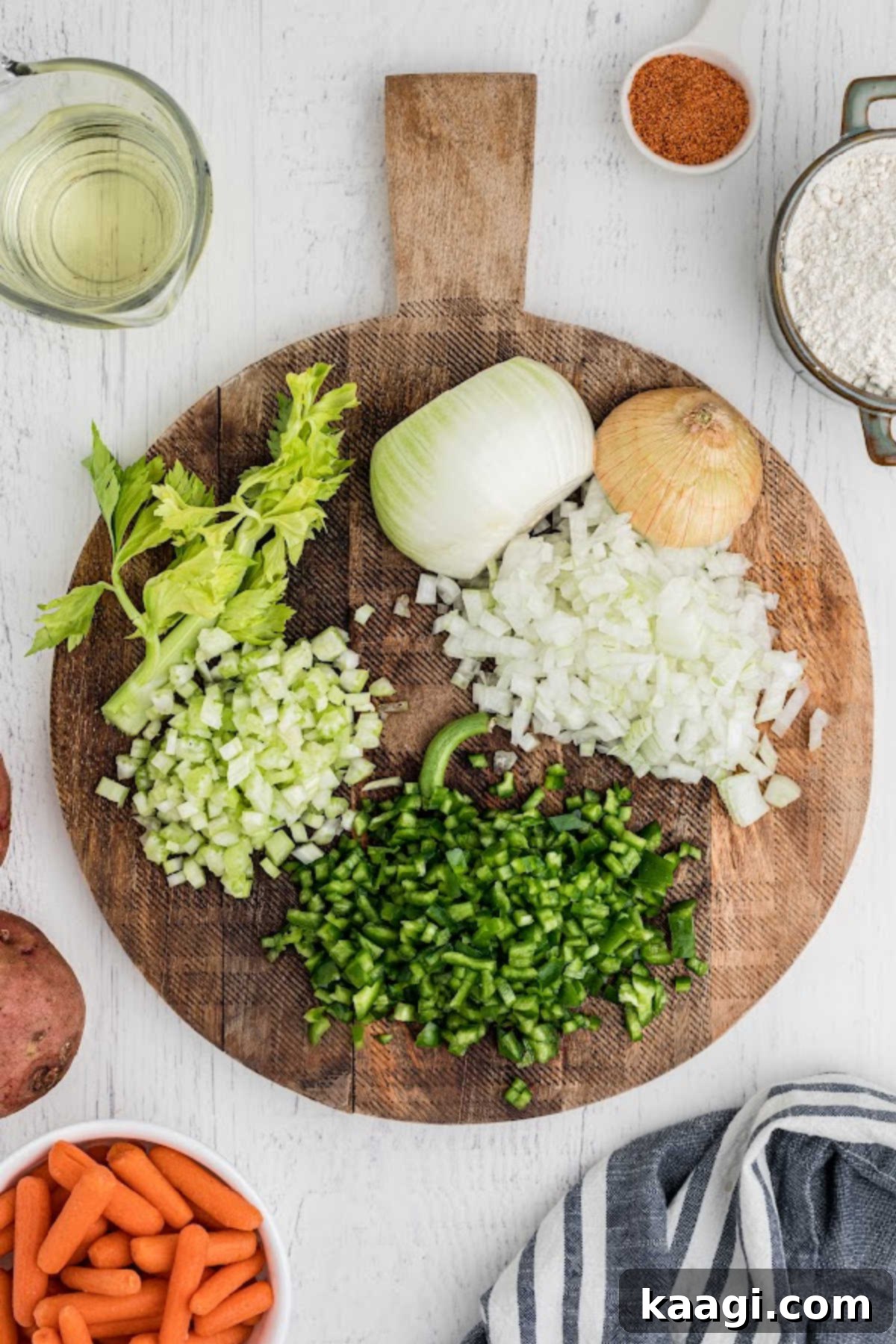 Diced vegetables on a chopping board.