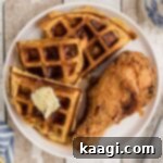 plate with a fried chicken drumstick and a side of waffles with syrup and butter