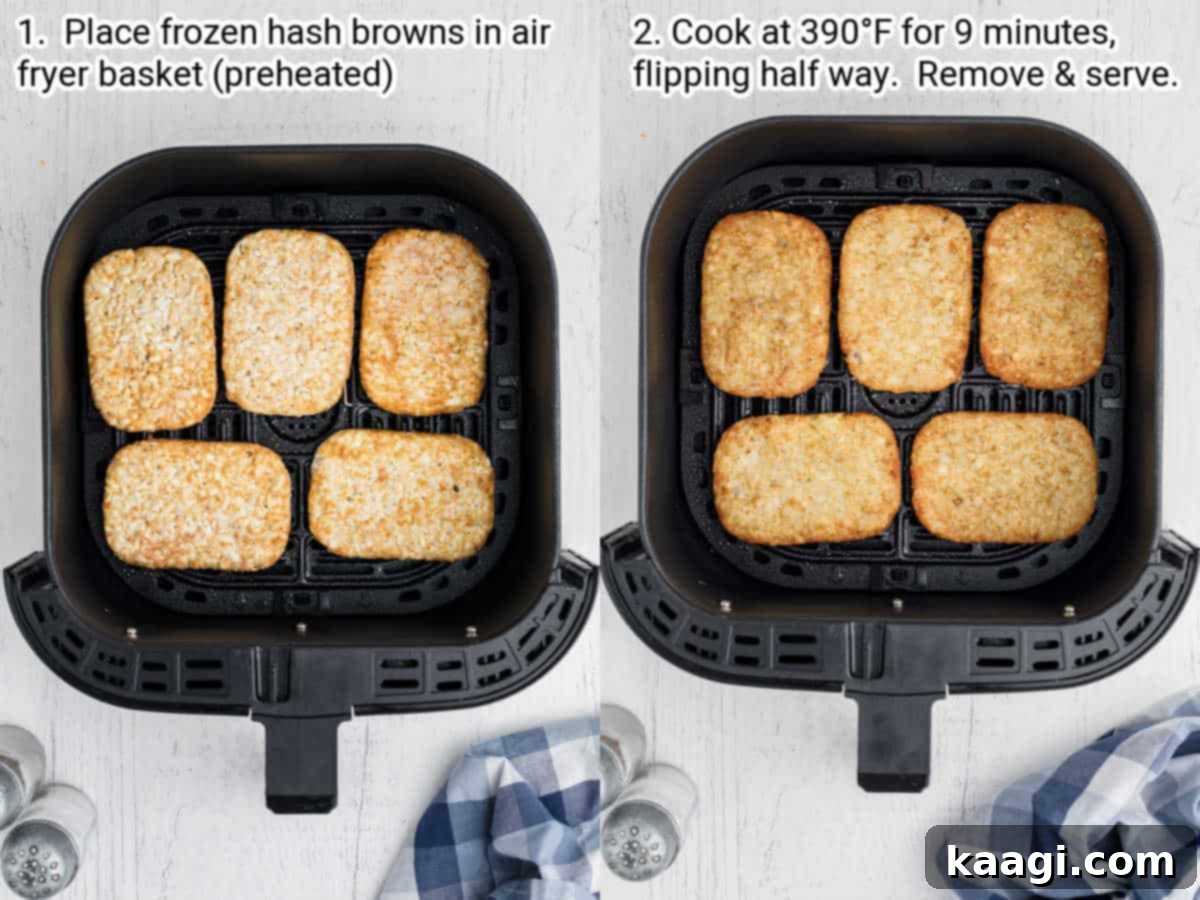 Two air fryer baskets, one with uncooked frozen hash browns and the other with cooked, golden hash browns