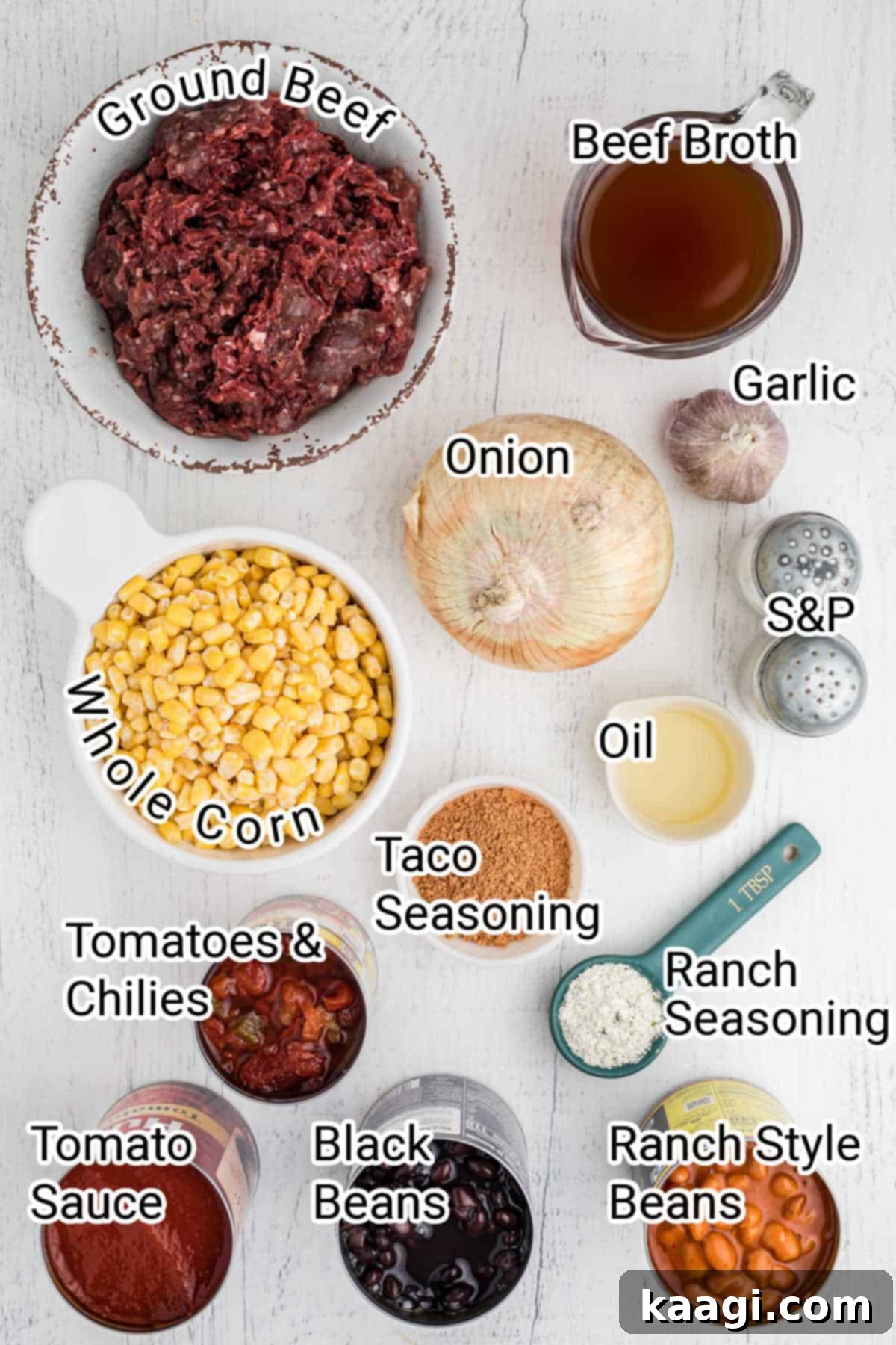 Ingredients for taco soup laid out on a surface.