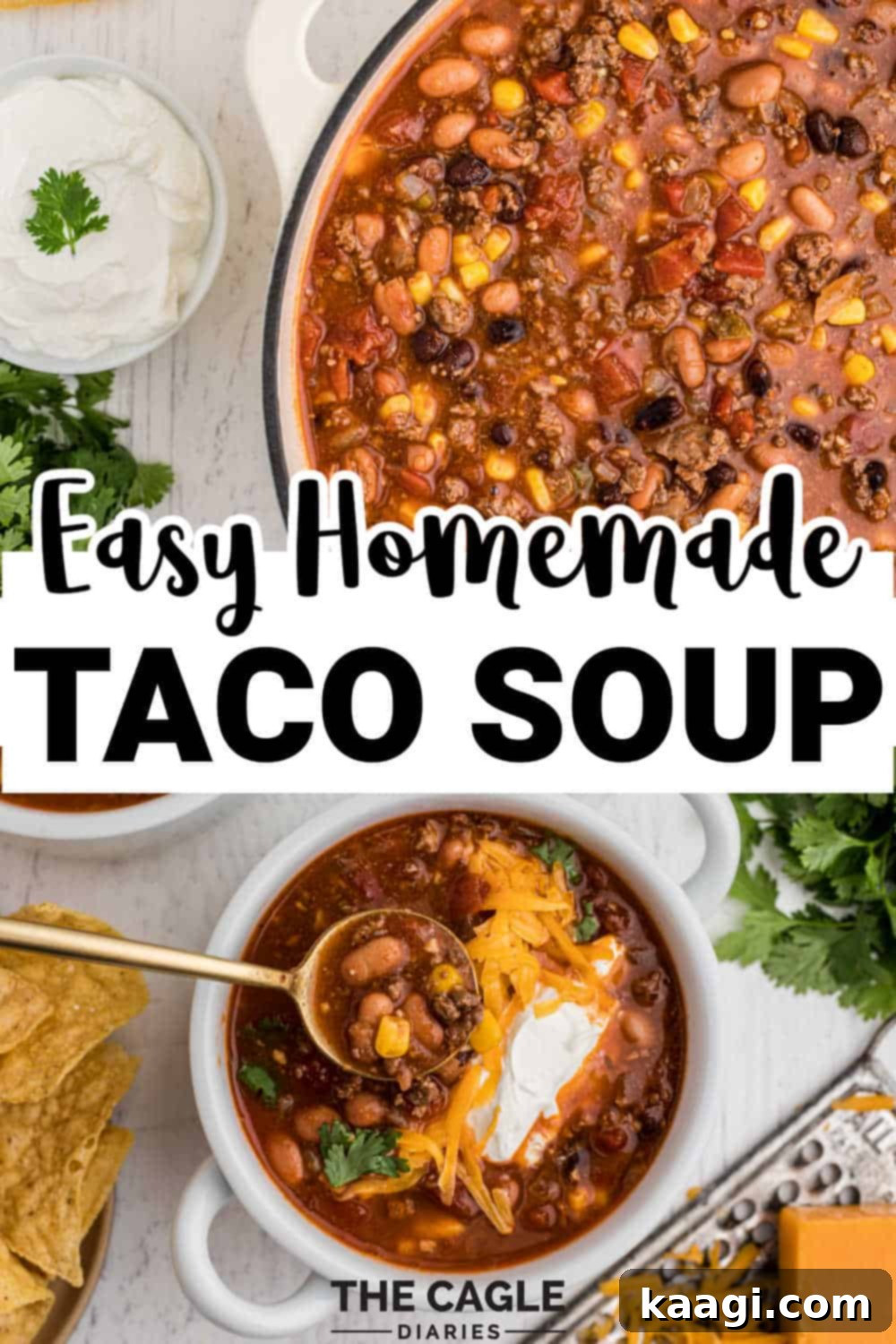 Two images: one close-up of taco soup in a pot, another with a bowl of taco soup garnished.