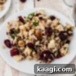 Close up of a dished out plate of cranberry apple rice pilaf, garnished and ready to eat, highlighting its appealing texture and vibrant colors.