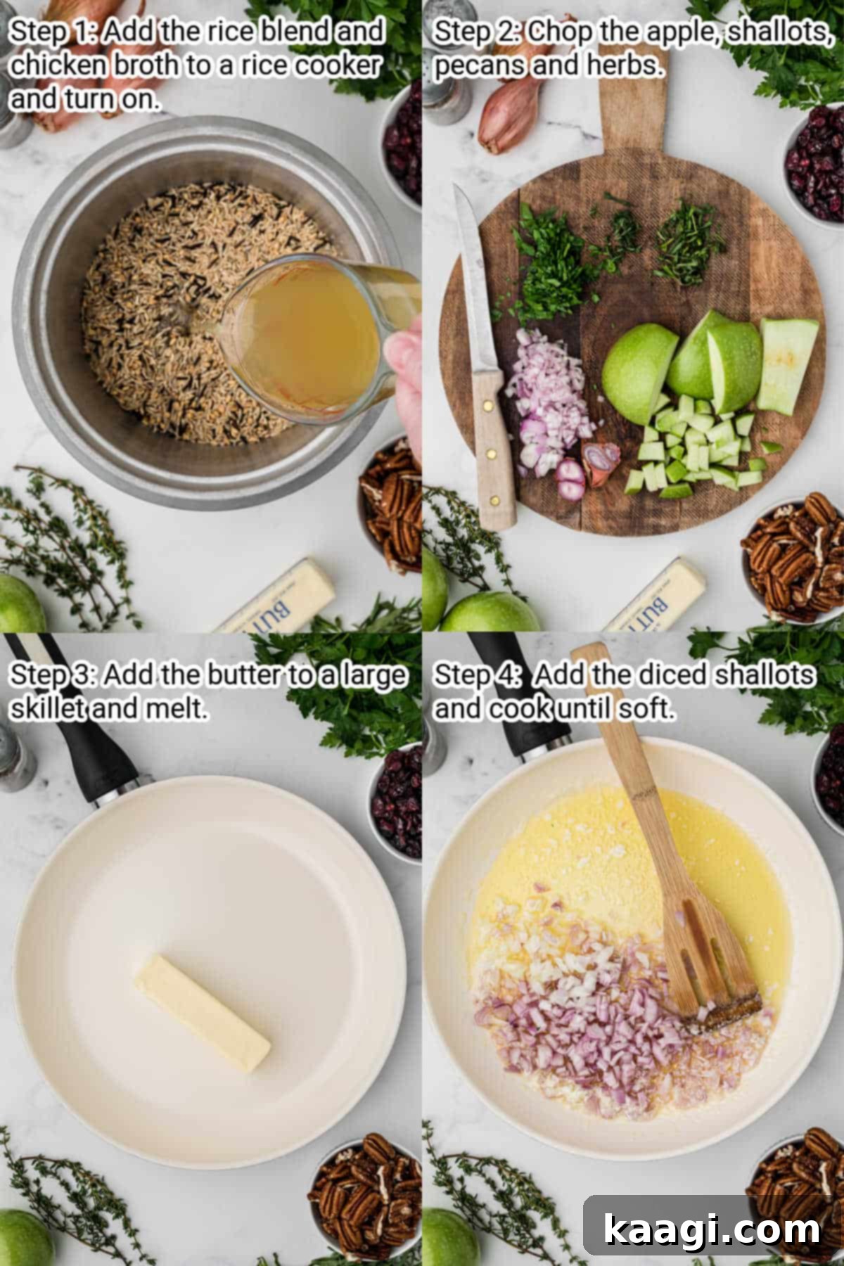 Four sequential images demonstrating how to prepare cranberry apple rice pilaf: cooking rice, chopping ingredients, sautéing shallots, and adding apples.