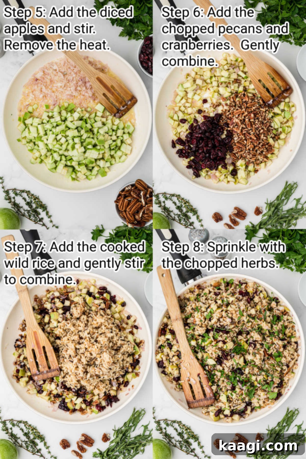 Four sequential images demonstrating the final steps of making cranberry apple rice pilaf: adding apples, stirring cranberries and pecans, combining with cooked rice, and garnishing with herbs.