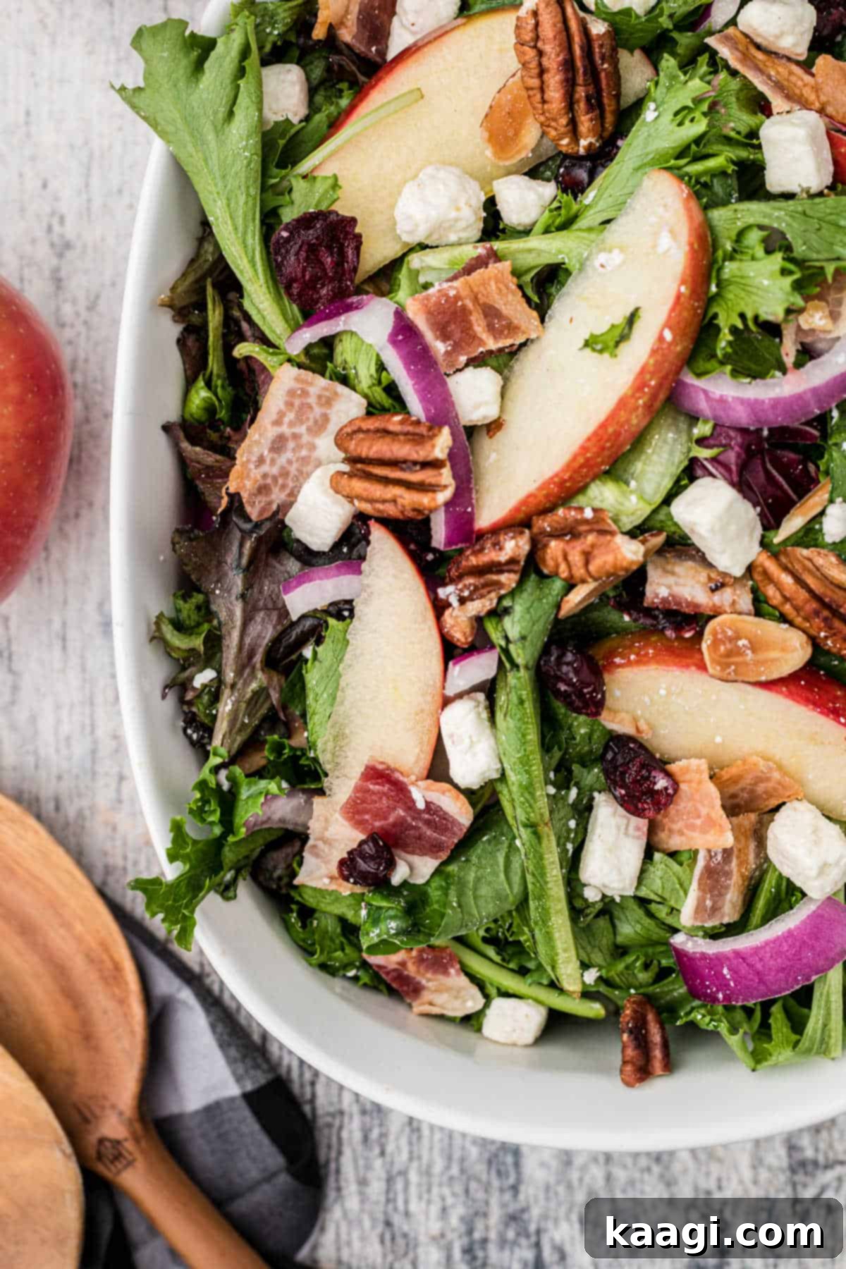 A bowl of salad with apples and red onions and cranberries with a spoon on the side close up