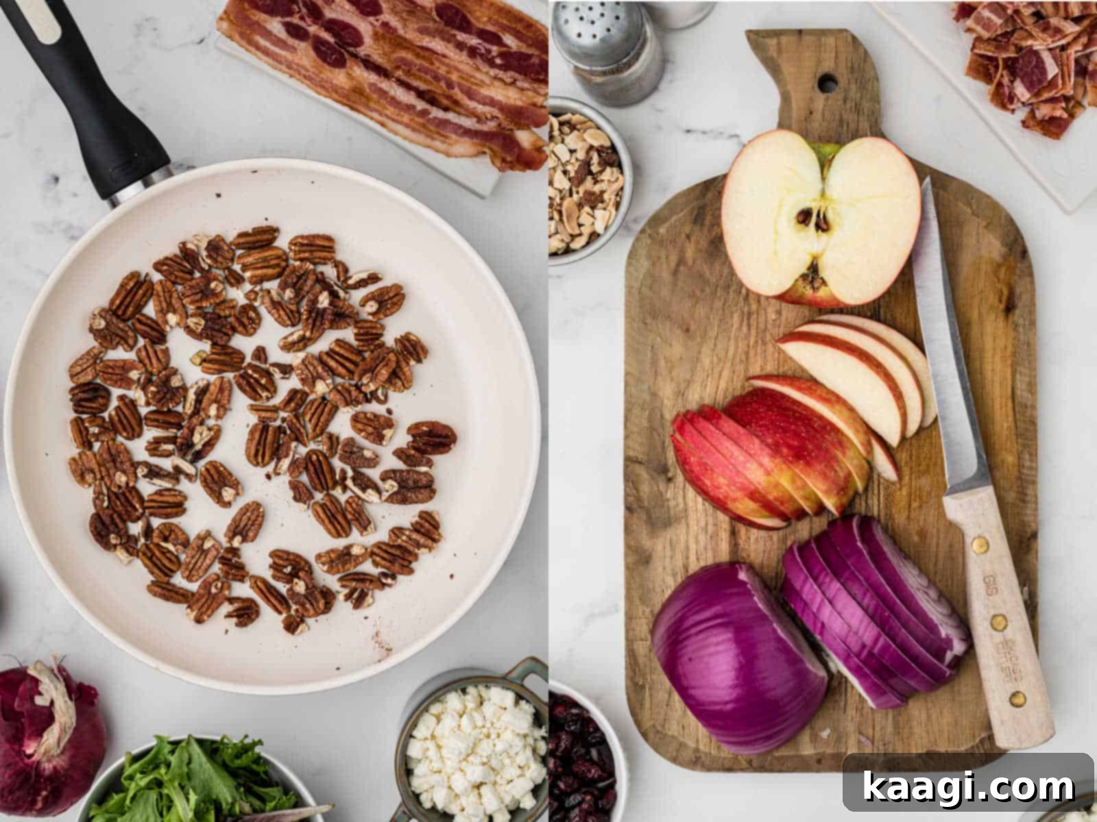 two images, one with a skillet with pecans the other image is a chopping board with red onion and apple