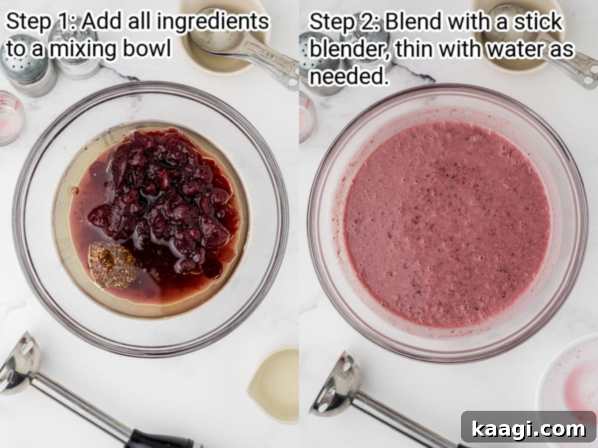 Crimson Vinaigrette 4 A visual guide showing two stages of making cranberry vinaigrette: combining ingredients and the smooth, blended final product.