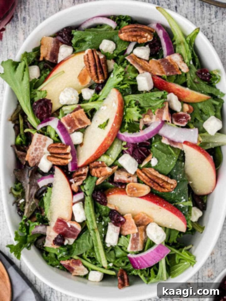 Vibrant Cranberry Vinaigrette 3 A bowl of salad with apples and red onions and cranberries with a spoon on the side