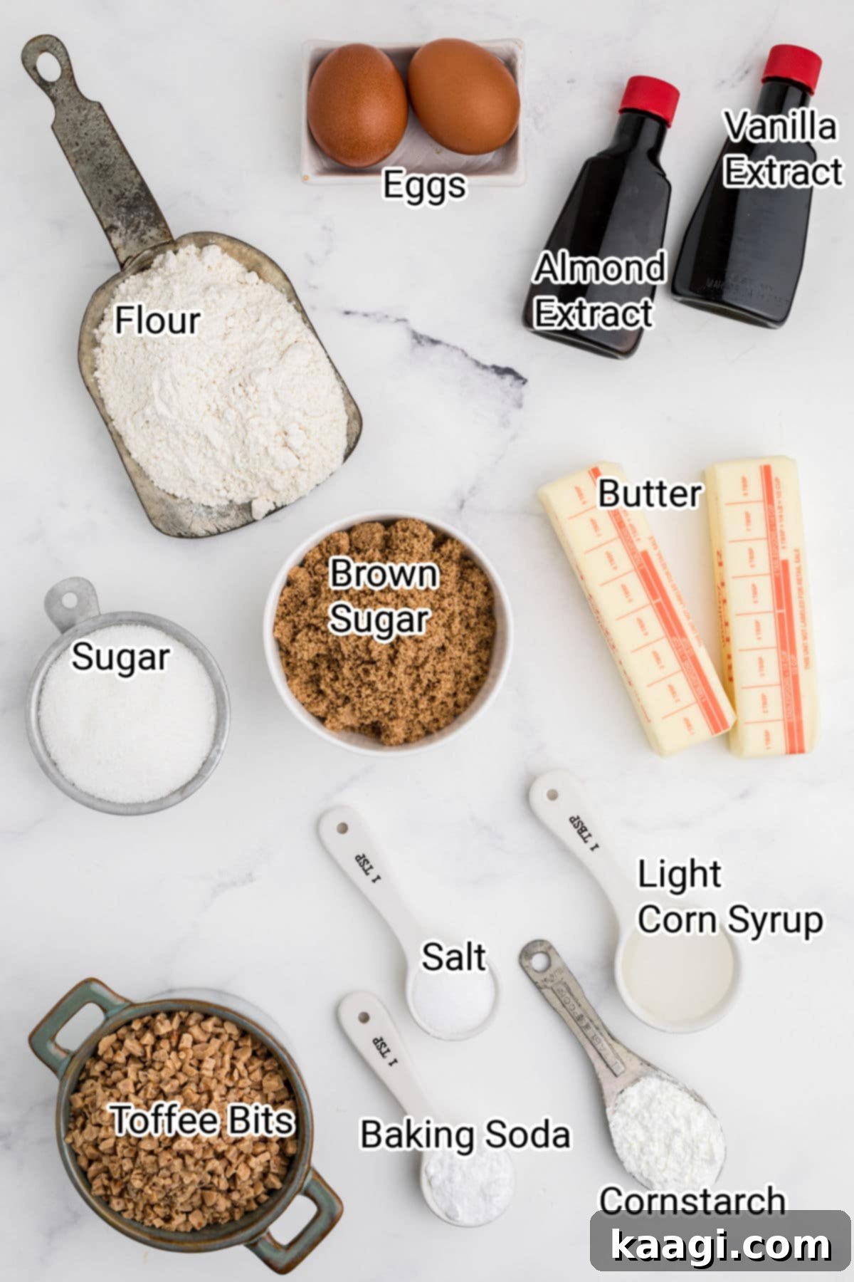 Buttery Crisp Delights 3 Assortment of butter crunch cookie ingredients laid out on a surface, ready for baking.