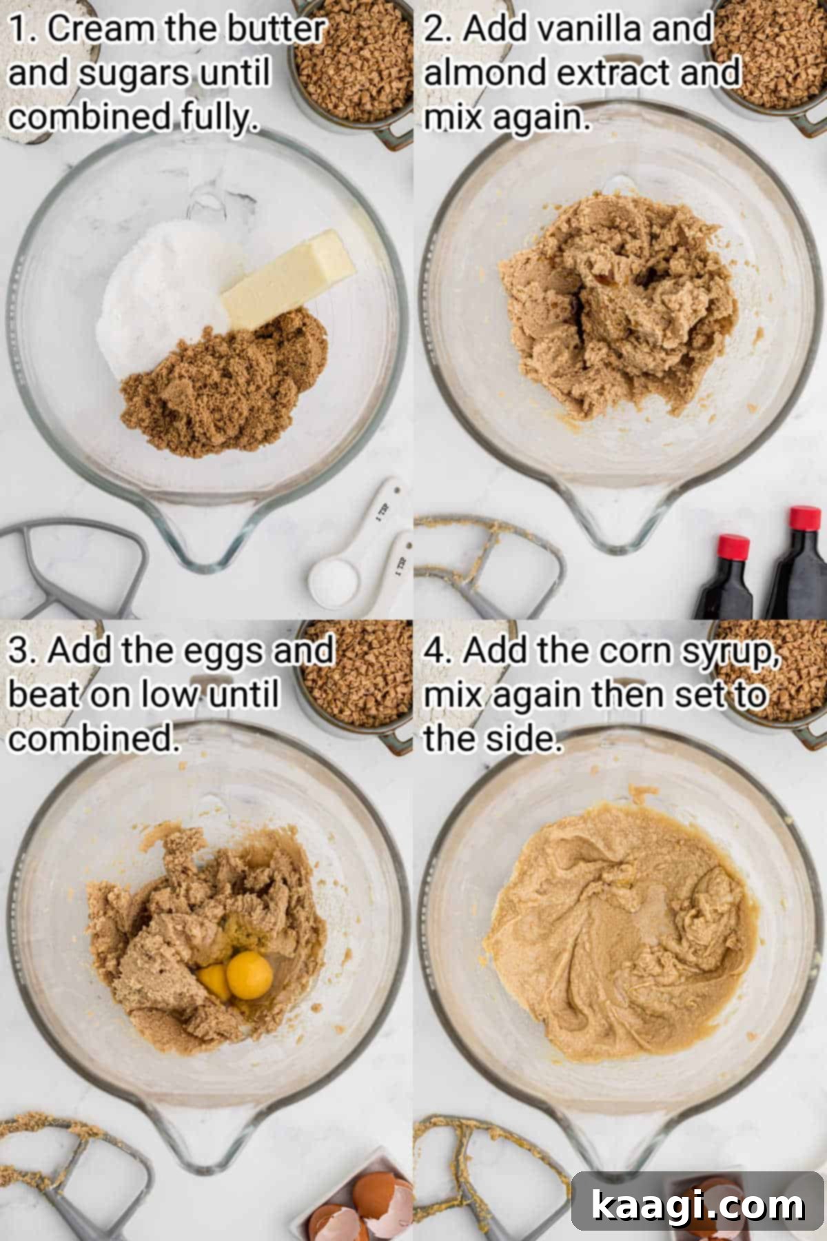 Buttery Crisp Delights 4 Four sequential images demonstrating the initial steps of making butter crunch cookies, from creaming butter and sugar to adding wet ingredients.