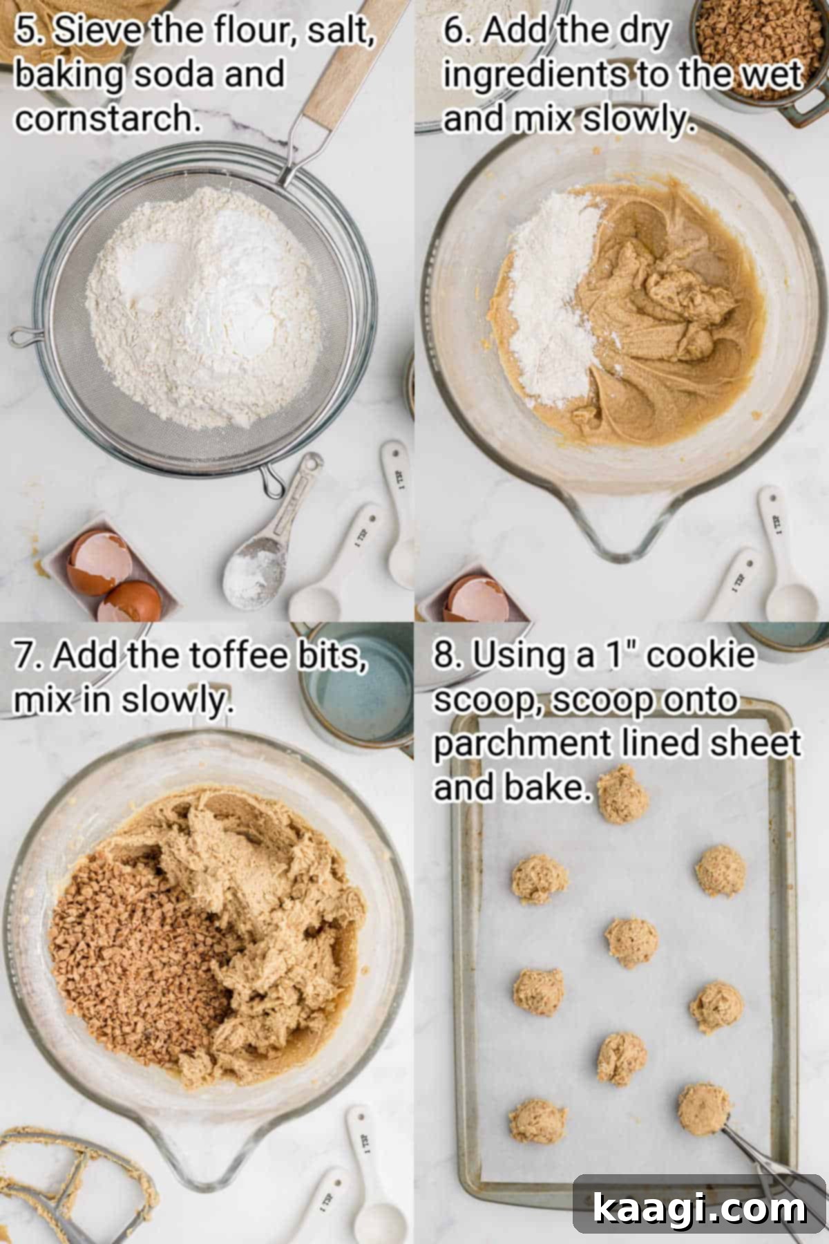 Buttery Crisp Delights 5 Four sequential images showing the final steps of making butter crunch cookies, from combining dry and wet ingredients to baking on a cooling rack.