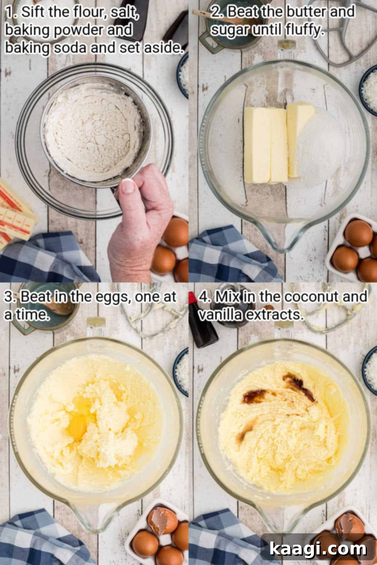 four images showing the initial steps of making a louisiana crunch cake batter