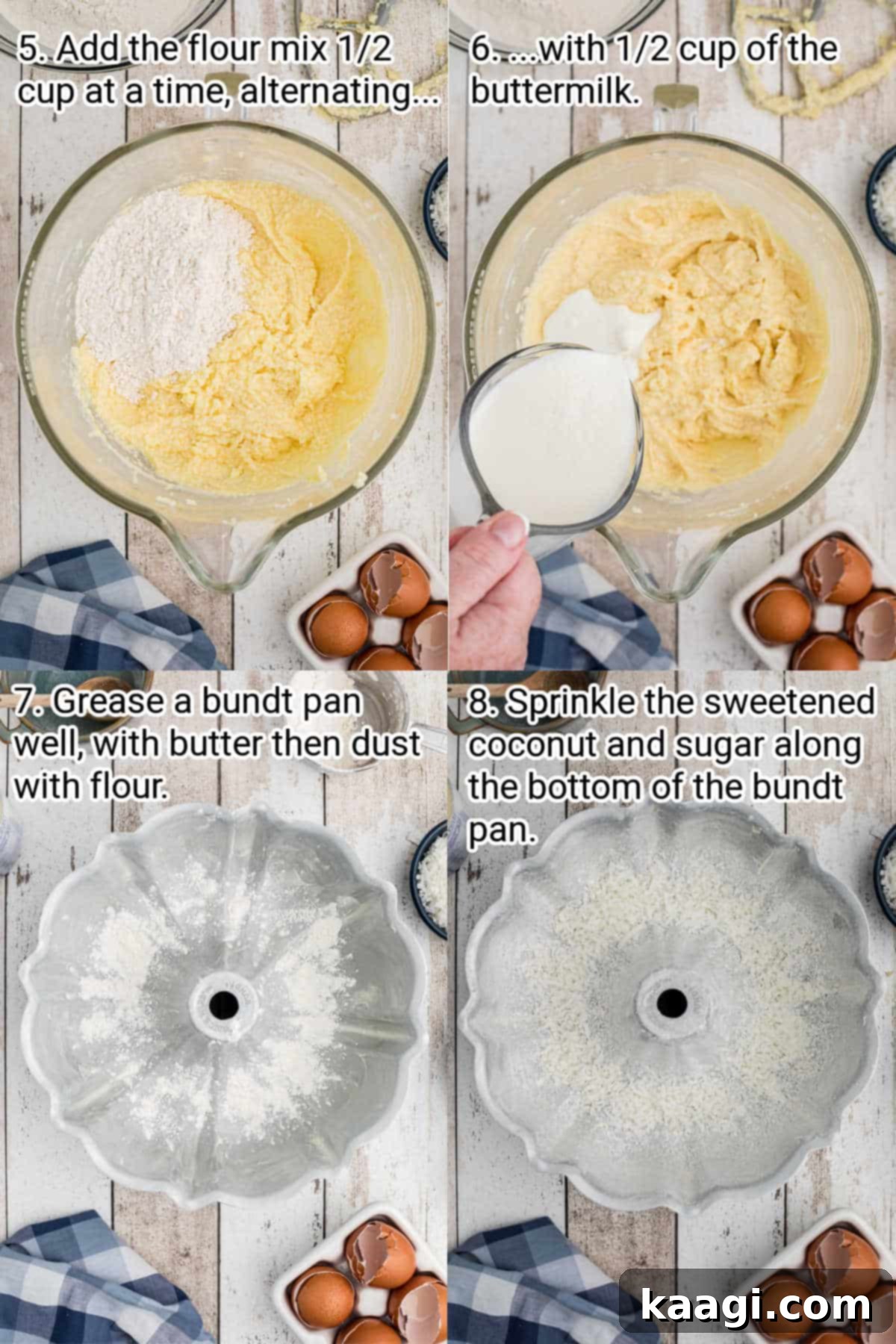 four images showing the process of adding dry and wet ingredients and preparing the bundt pan for louisiana crunch cake