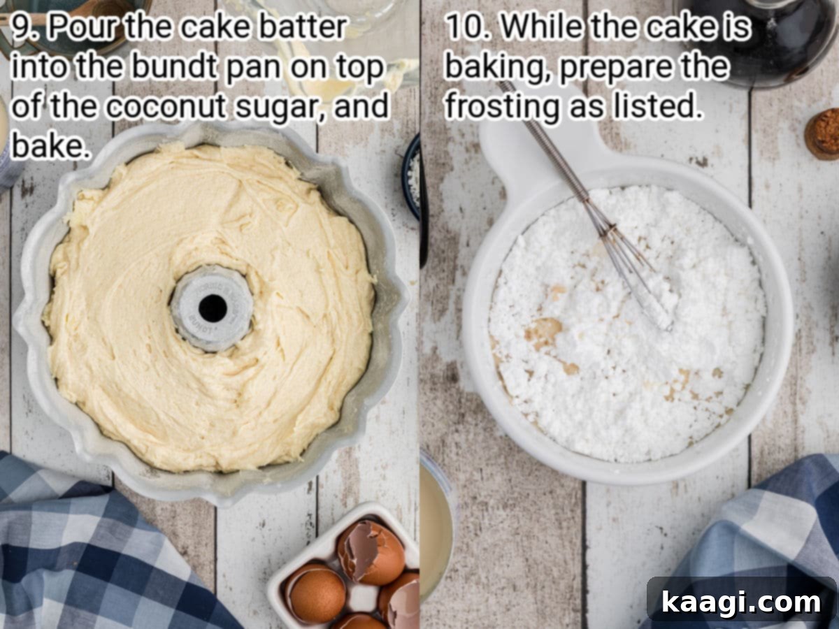 two images showing the final steps: baking the cake and pouring the glaze on louisiana crunch cake