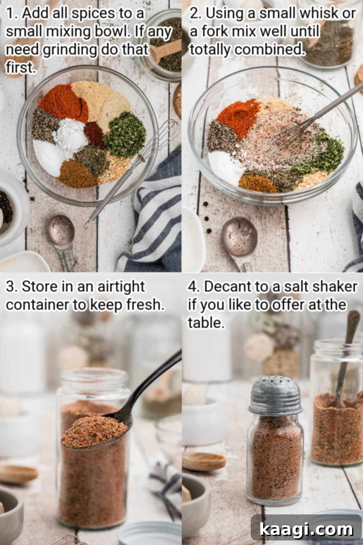 A series of four images illustrating the sequential process of combining and mixing ingredients to create a homemade seasoning blend.