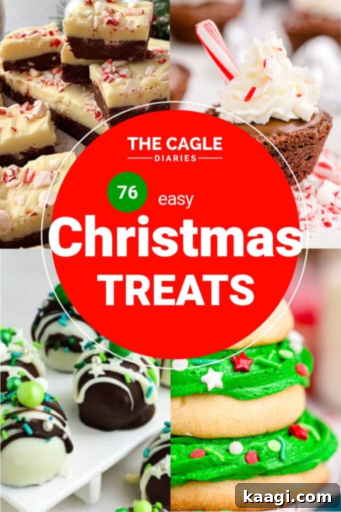 76 Effortless Christmas Goodies 2 Collage of four images of easy Christmas treats, including brownies, cookies, and truffles.