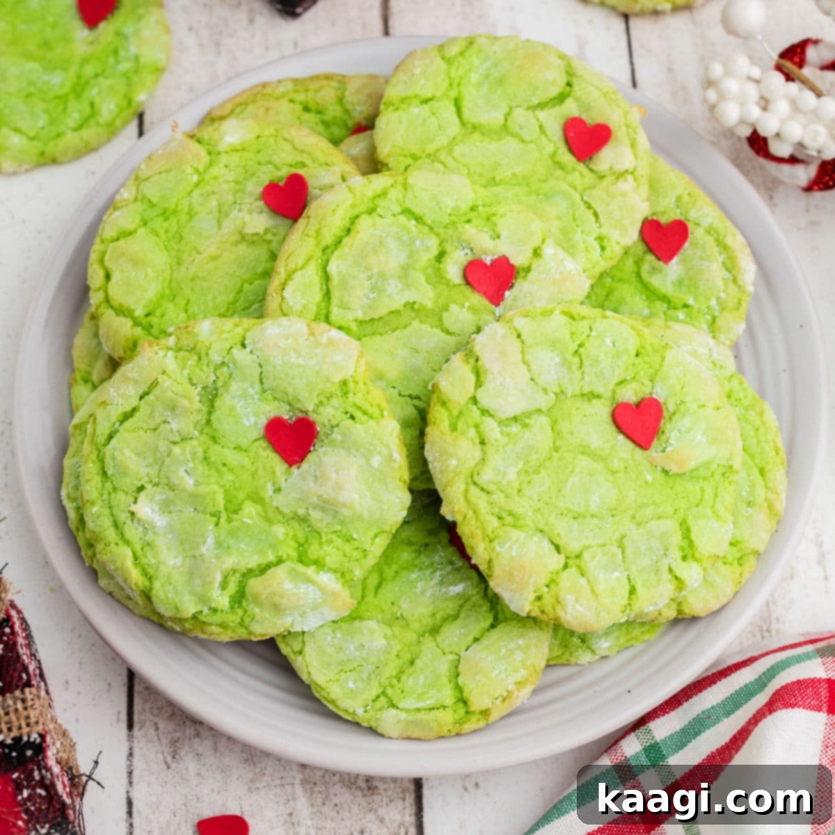 76 Effortless Christmas Goodies 31 Grinch Cookies with Cake Mix, green and crinkled