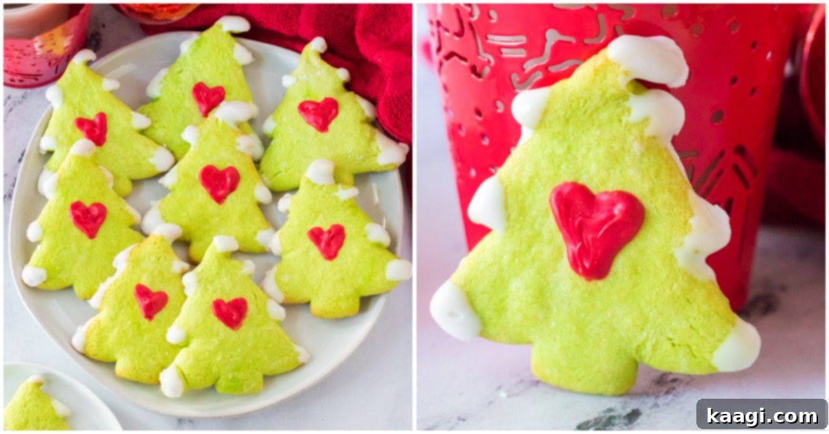 76 Effortless Christmas Goodies 56 Grinch Sugar Cookies shaped like snow-capped trees