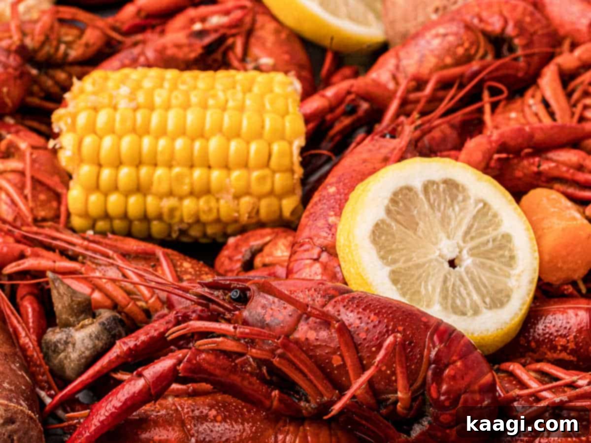 A colorful platter of perfectly boiled crawfish, ready to be enjoyed with corn and potatoes, a true Southern feast.