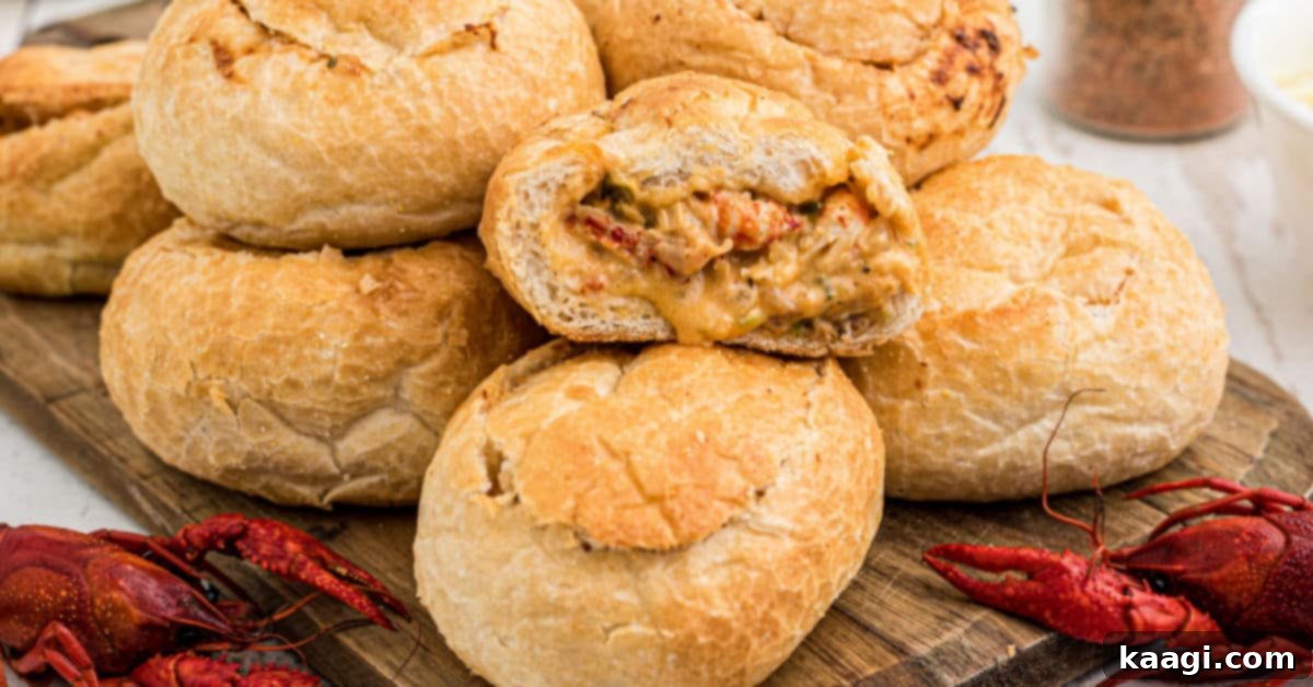 a tray of pistolettes stuffed with a crawfish mixture with boiled crawfish on the outside