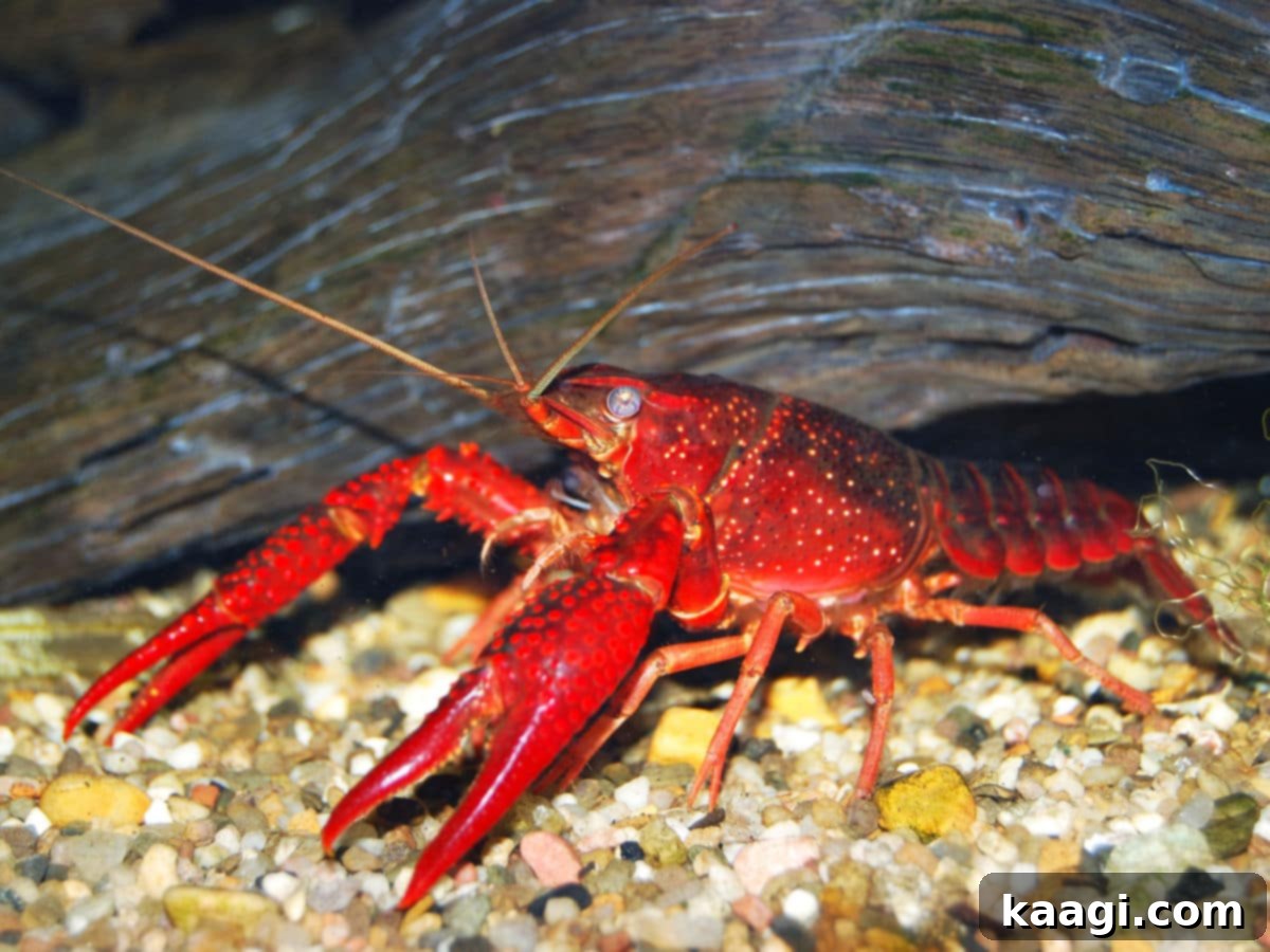 A vibrant red swamp crawfish in its natural aquatic habitat, nestled beside a weathered log, showcasing its distinctive features.