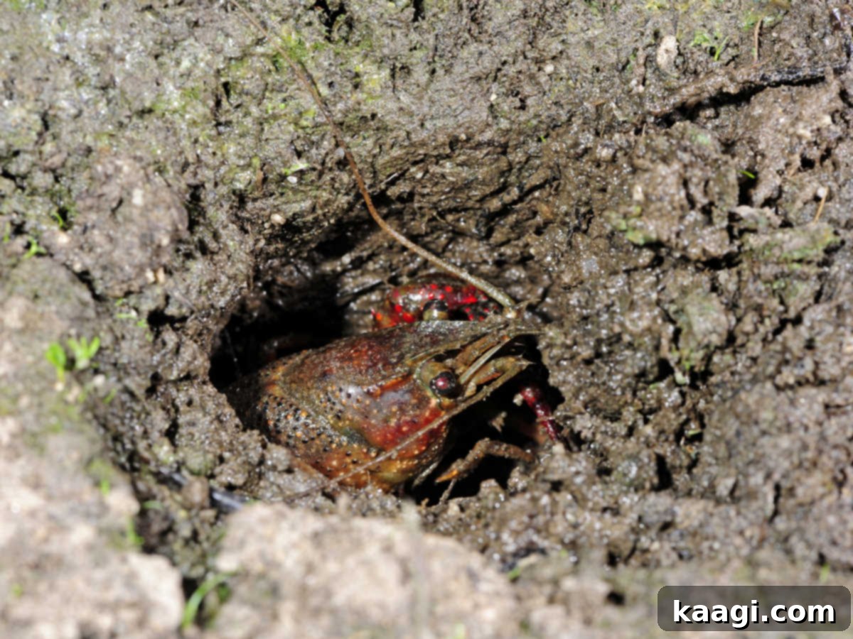 A crawfish peeking out from its muddy burrow, a common sight in the wetlands of Louisiana.