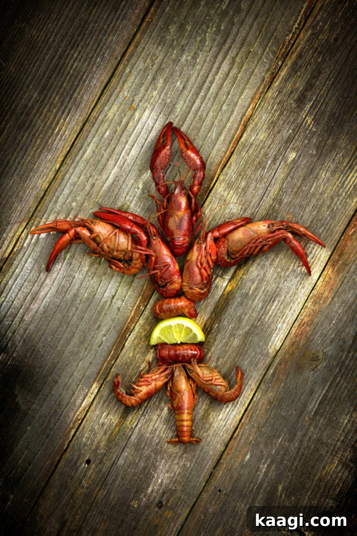 An artistic arrangement of cooked crawfish forming a fleur-de-lis shape, garnished with lemon wedges on a rustic wooden table.