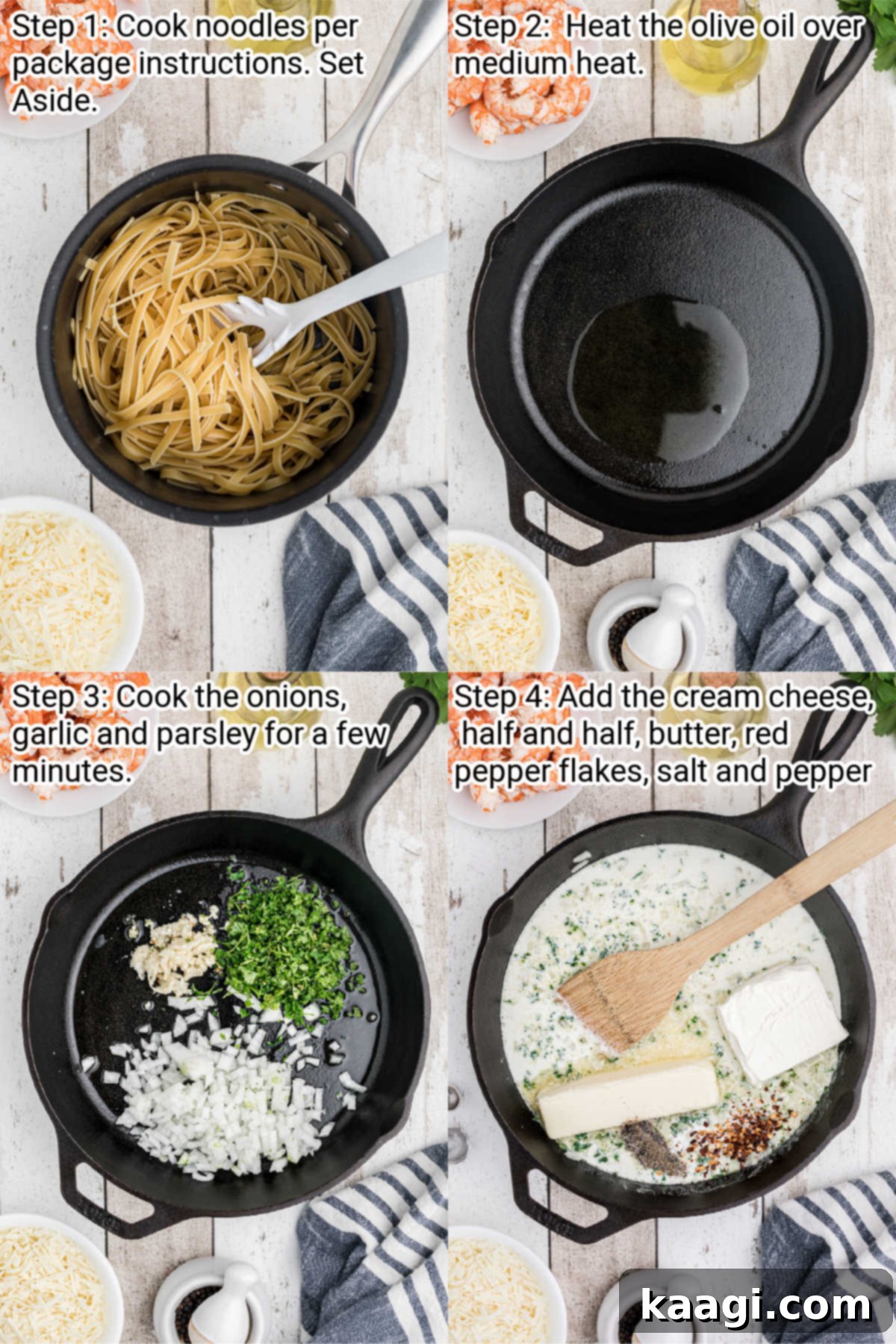 Creamy Garlic Shrimp Pasta Bake 4 Four images showing the initial steps of making a shrimp alfredo bake, from cooking pasta to sautéing aromatics.