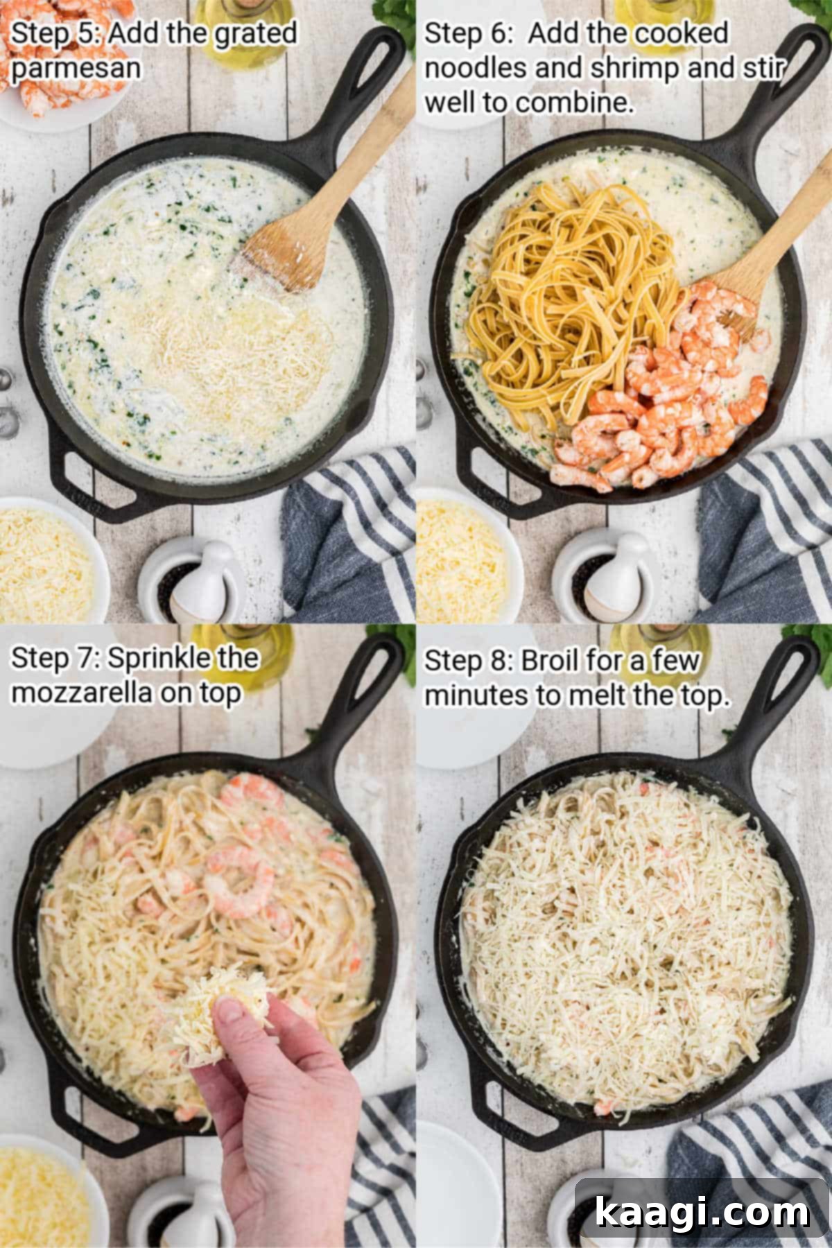 Creamy Garlic Shrimp Pasta Bake 5 Four images showing the remaining steps of making the shrimp alfredo bake, from adding cheese to broiling.
