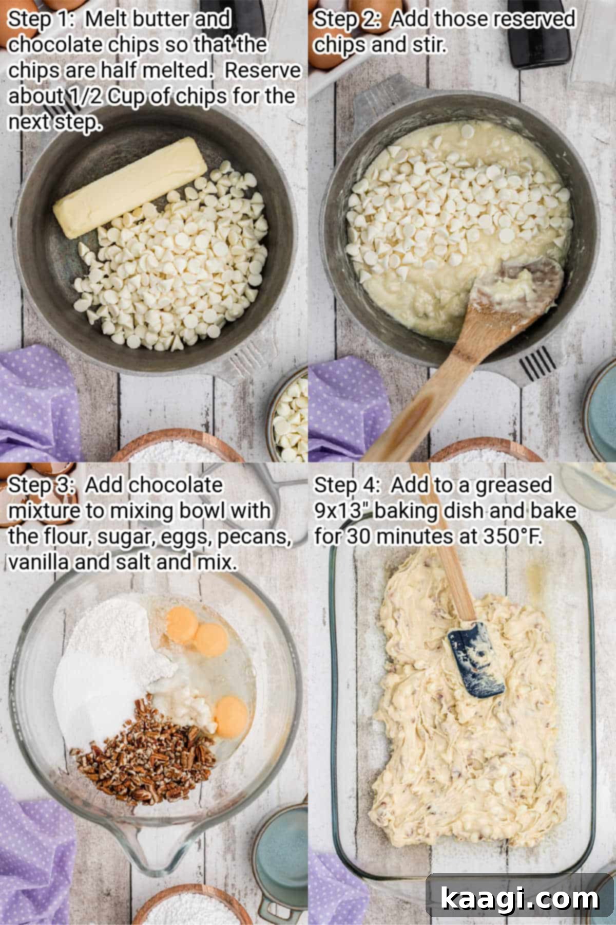 Four images demonstrating the key steps to make vanilla brownies from melting chocolate to mixing batter