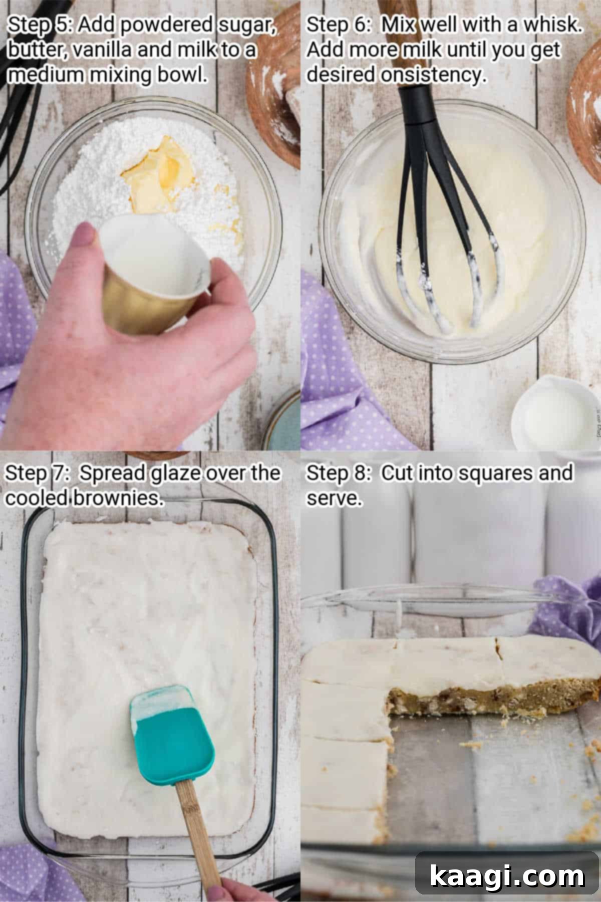 Four images showing the steps to make vanilla brownie glaze and how to serve them