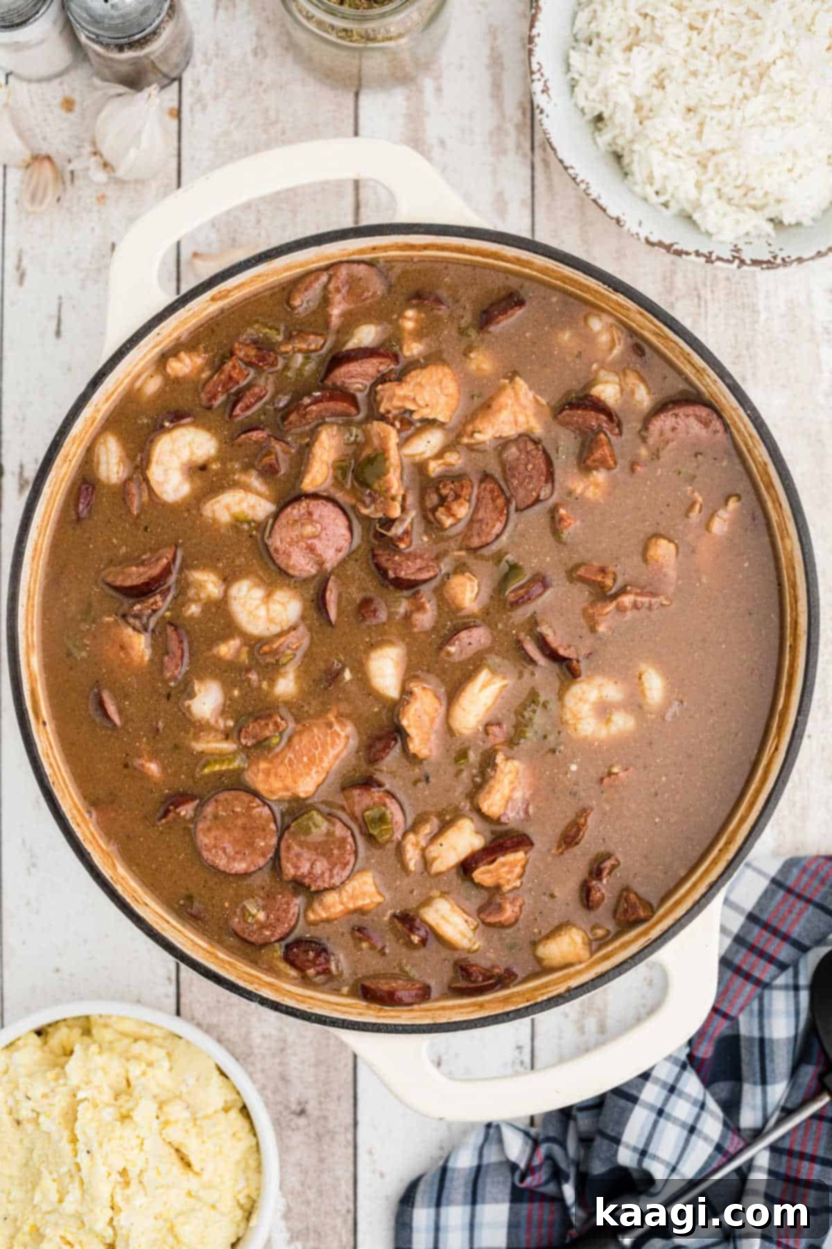 Cajun Gator's Cauldron 7 a pot full of alligator gumbo with sausage and shrimp