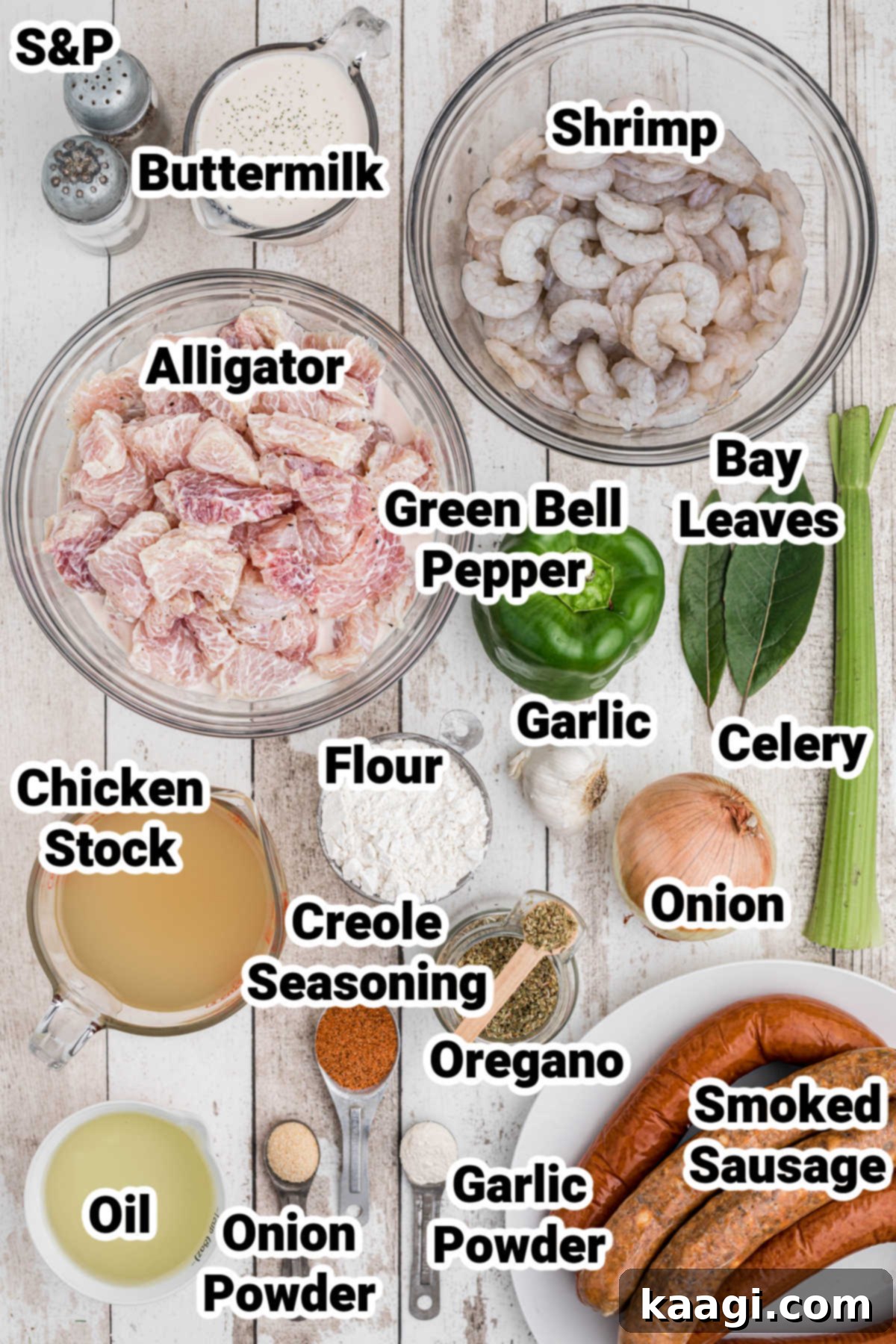 Cajun Gator's Cauldron 3 ingredients laid out for an alligator gumbo