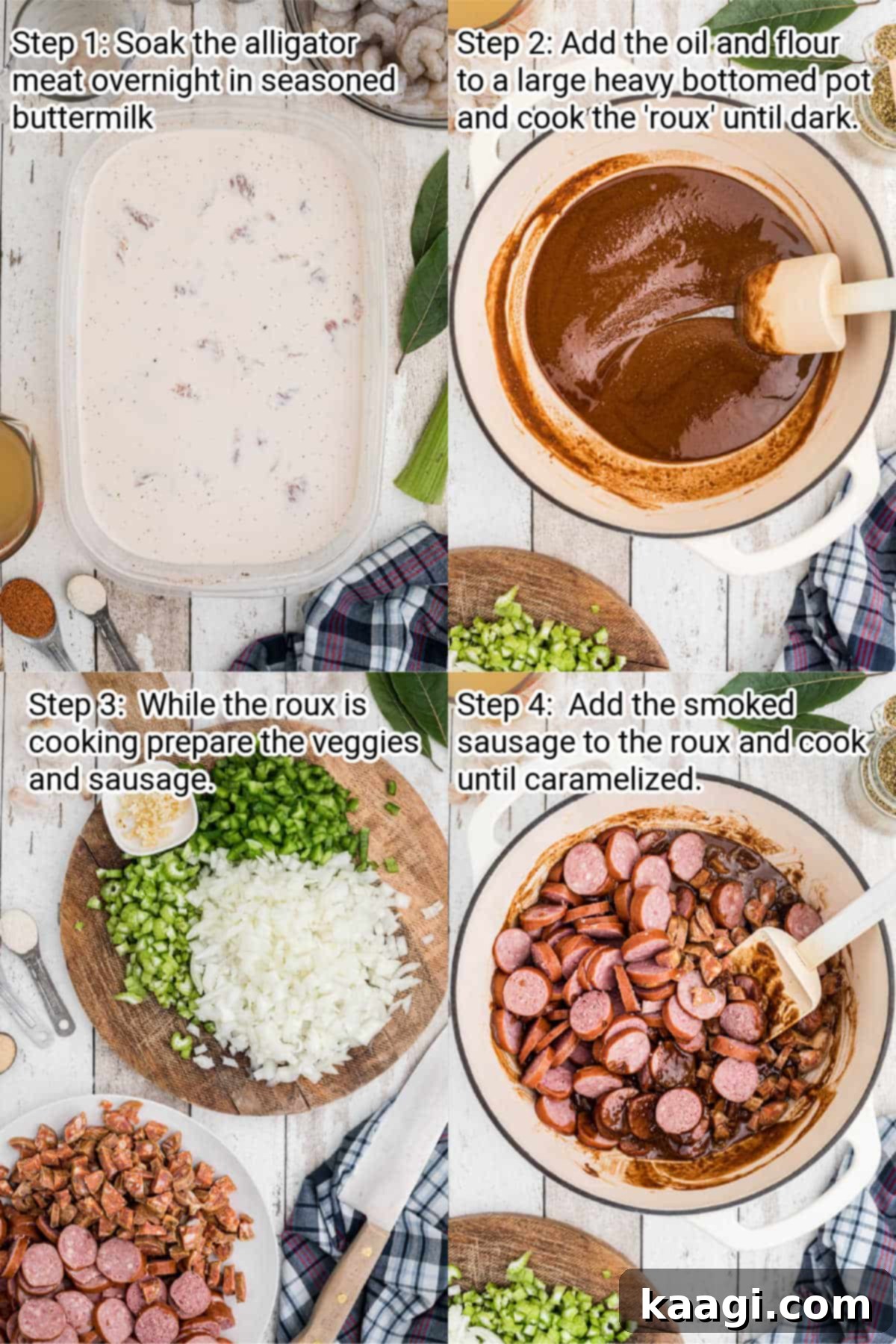 Cajun Gator's Cauldron 4 four images of recipes steps for making an alligator gumbo