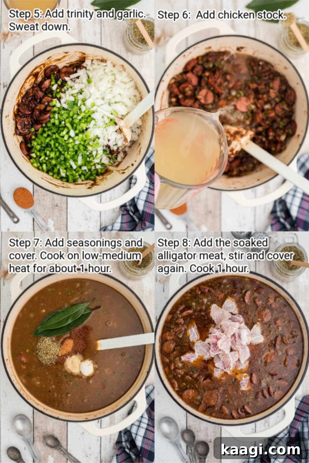 Cajun Gator's Cauldron 5 four images of recipes steps for making an alligator gumbo