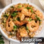 A dished up plate full of shrimp etouffee on a bed of rice.