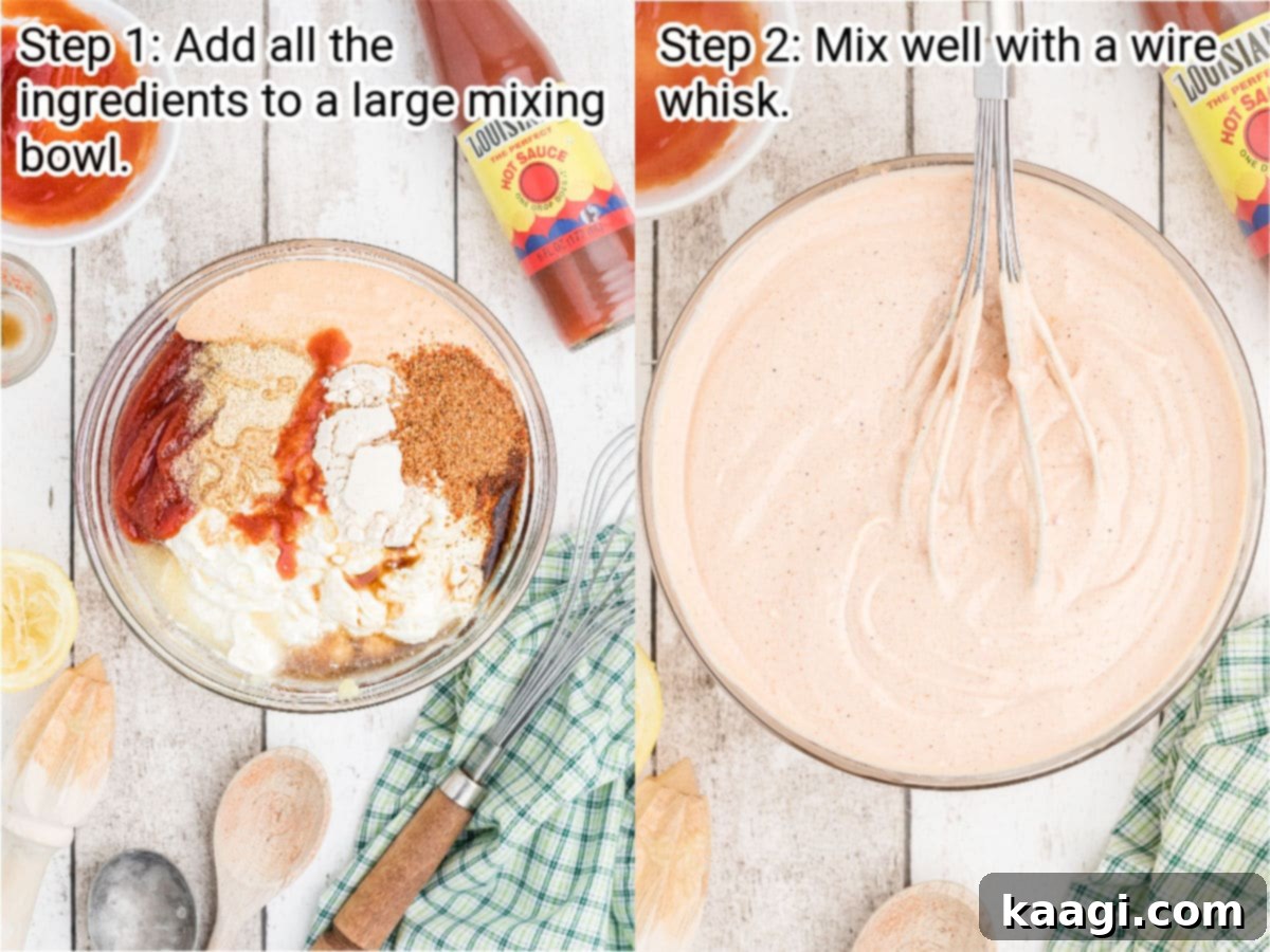 Two process shots showing the steps to make seafood sauce, from combining ingredients to whisking them smooth