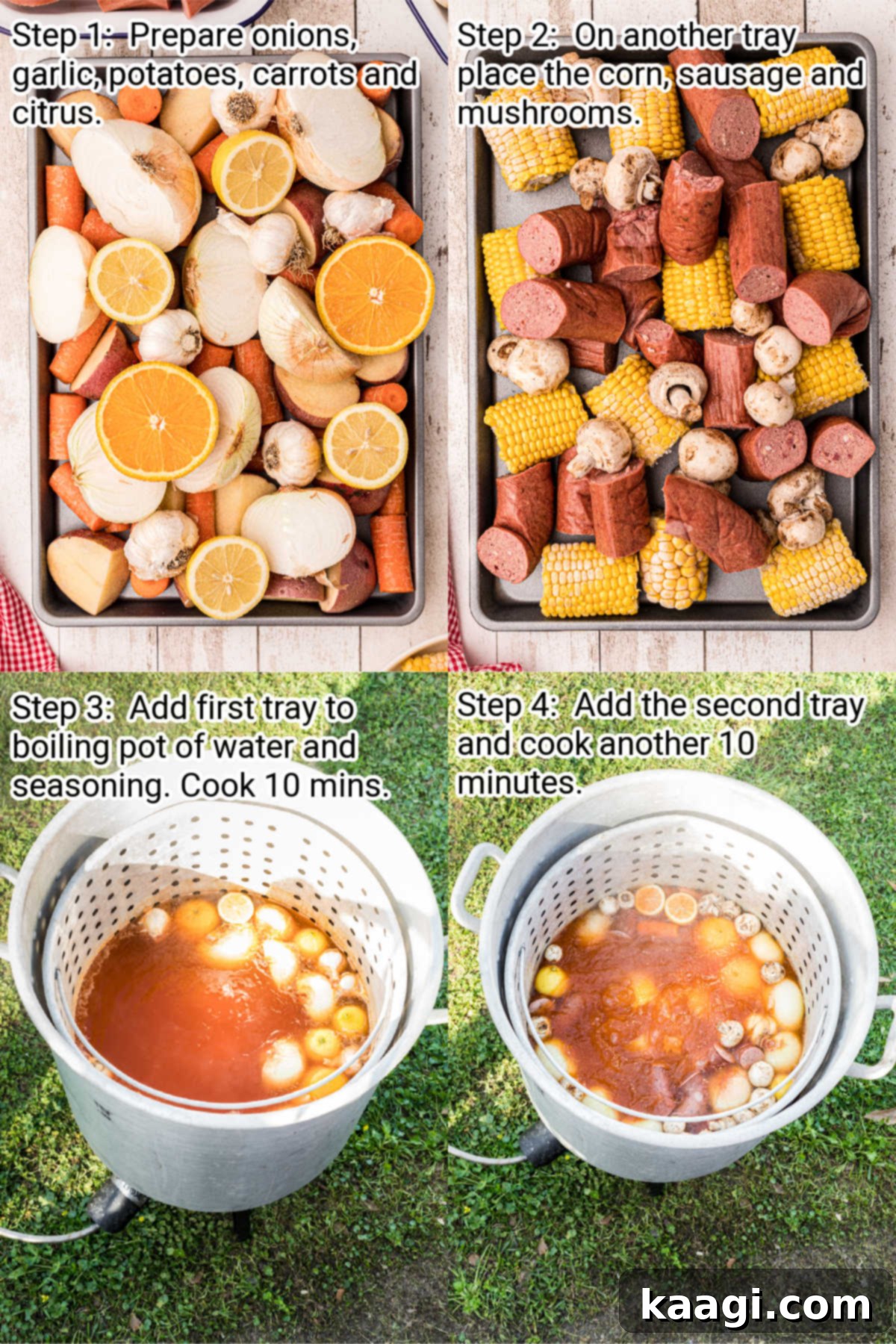 Four images demonstrating the key stages of boiling crabs Cajun style, from prep to seasoning.