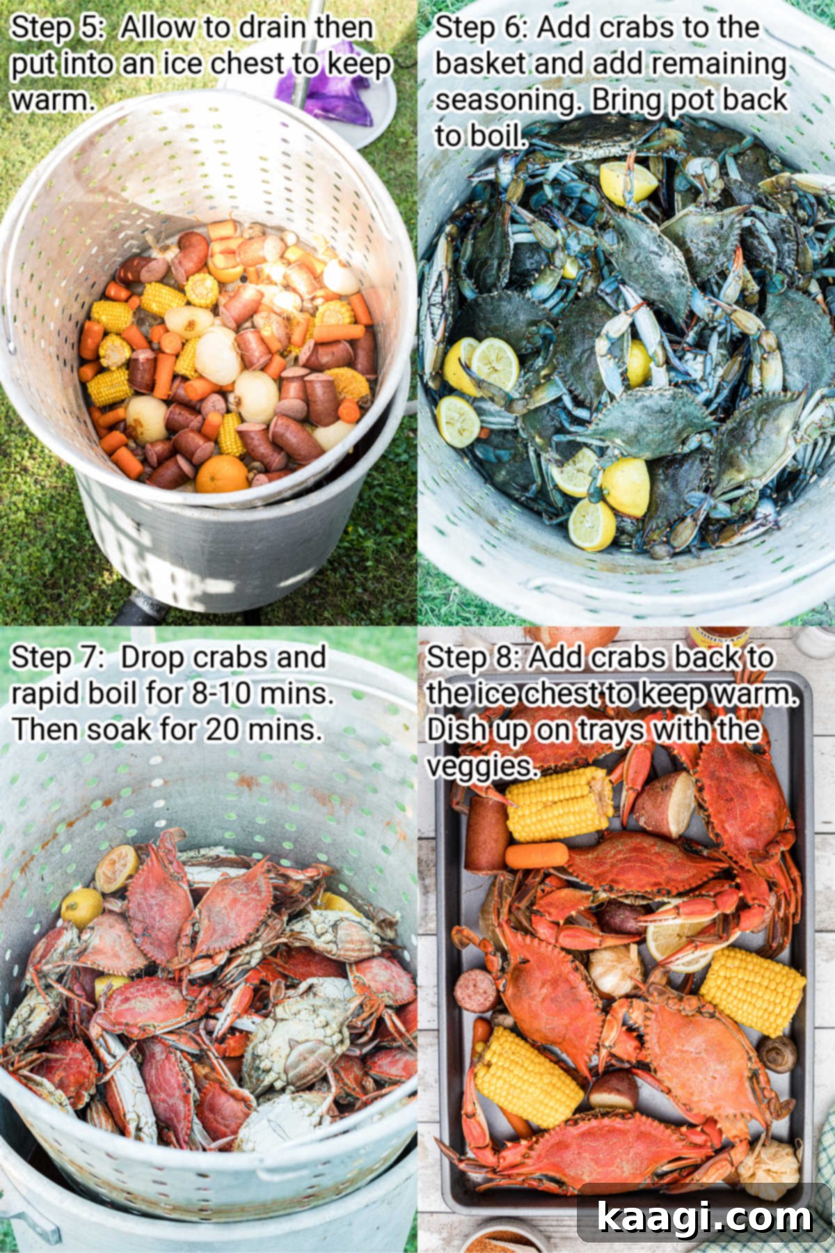 Four images showing the final recipe steps on how to boil Cajun crabs, from draining to serving.
