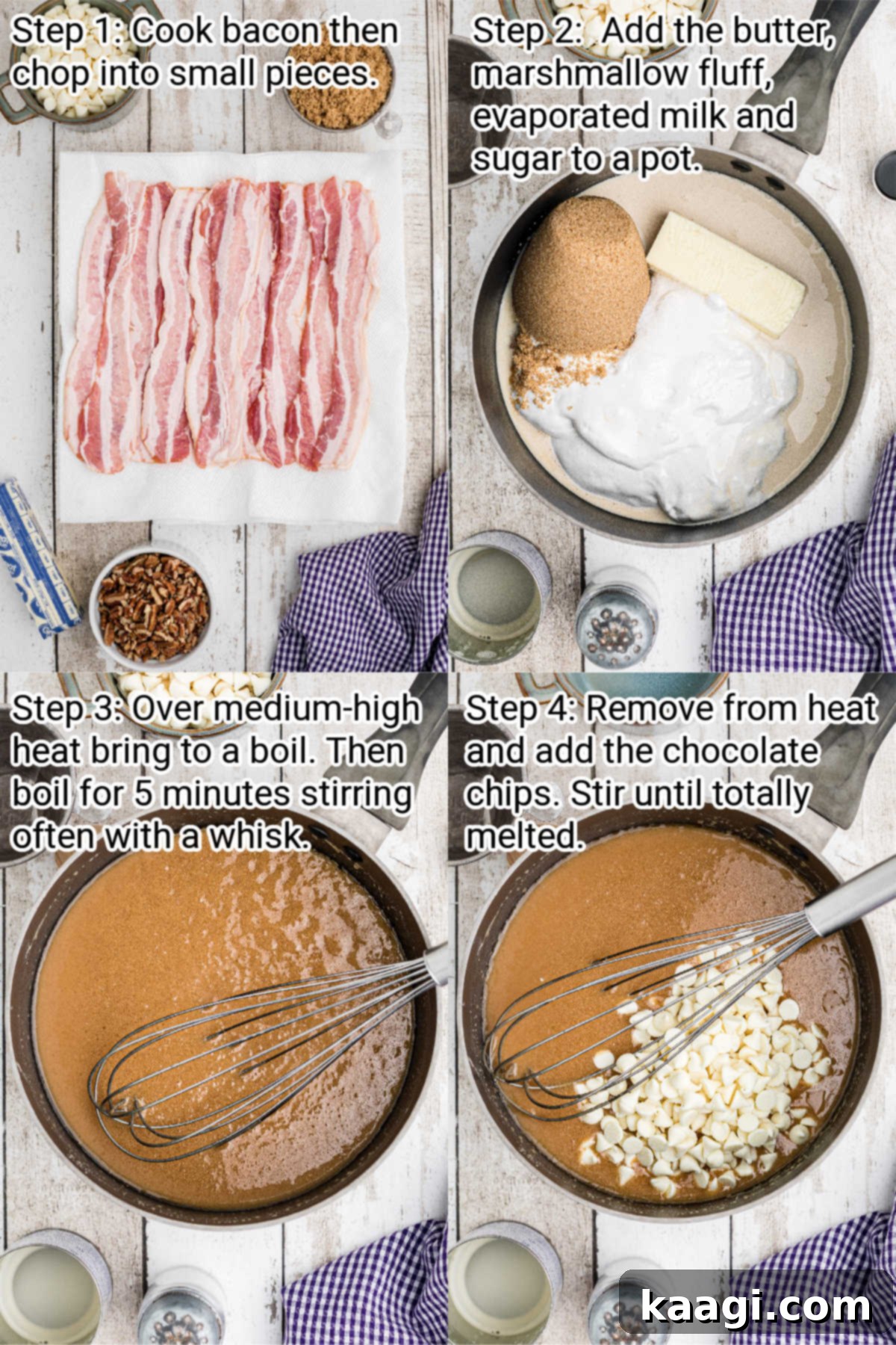 Four images showing the step-by-step process of making maple bacon fudge, from cooking ingredients to pouring the mixture into a pan.
