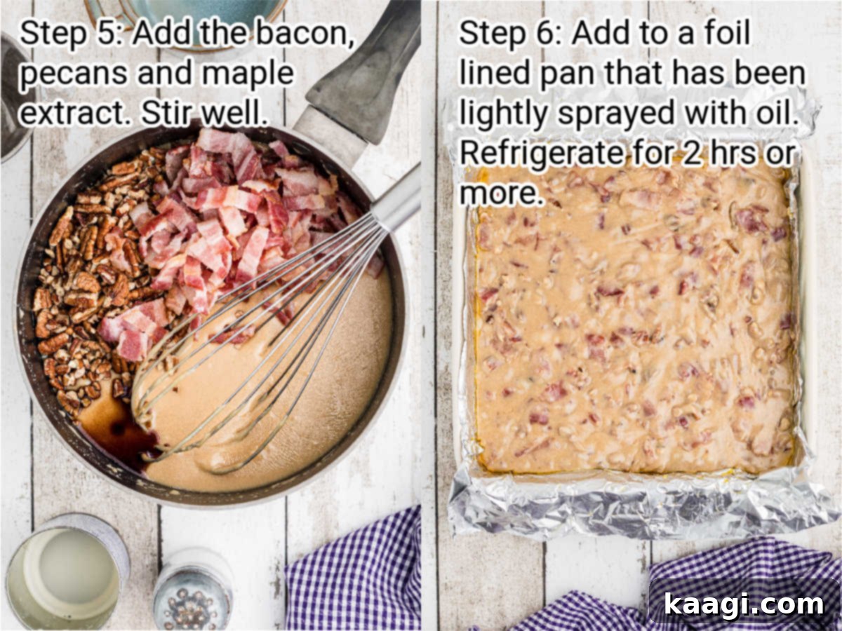 Two side-by-side images showing the final steps of making maple bacon fudge: pouring into the pan and refrigerating.