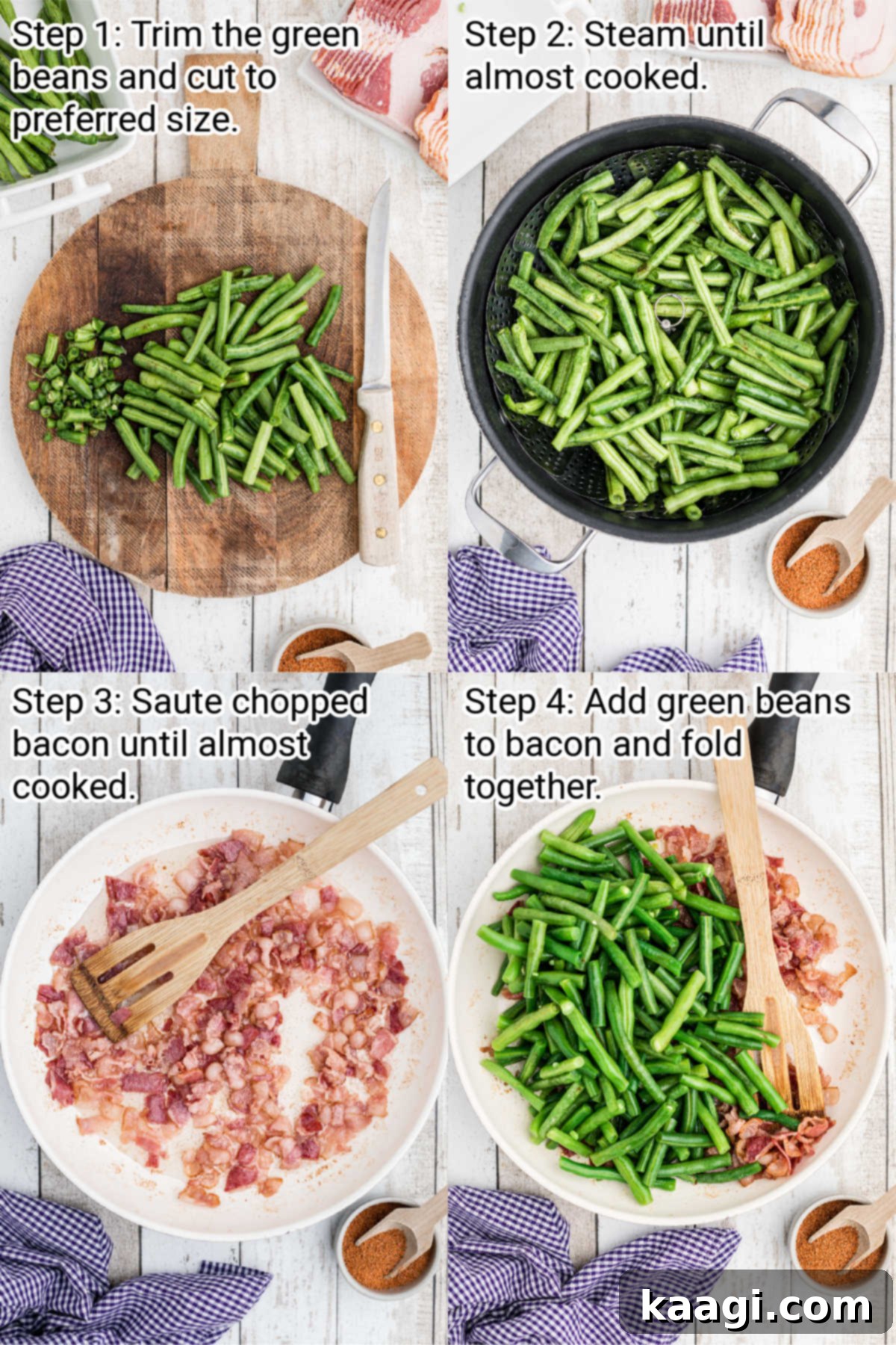 A collage of four images, visually detailing each step of preparing Cajun Green Beans, from trimming the beans to seasoning the finished dish.