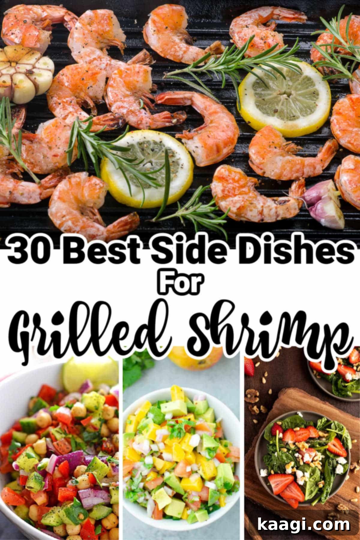one image on top with is of grilled shrimp then three images below of sides dishes that can are served with grilled shrimp