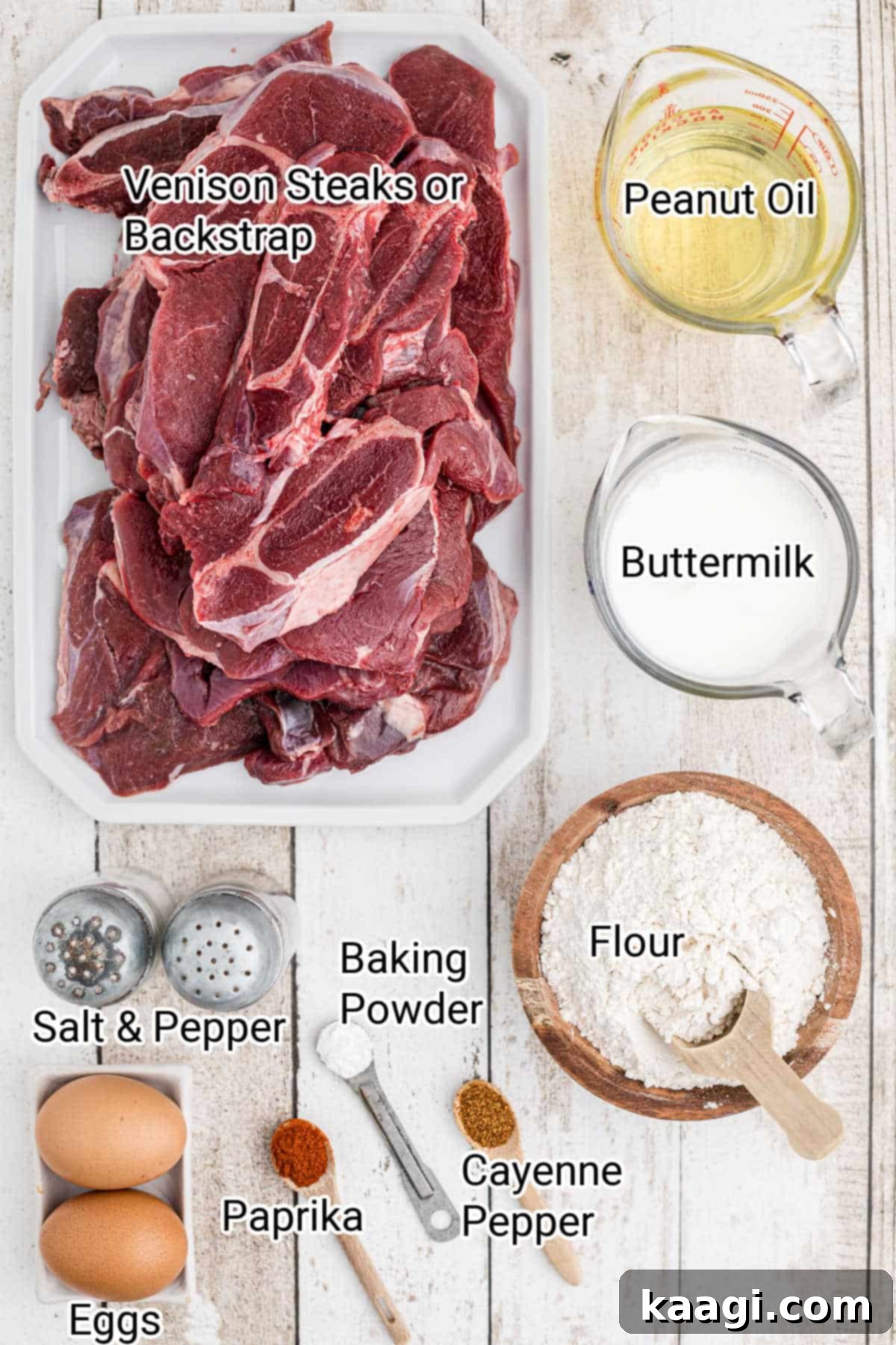 Succulent Pan-Seared Venison Cutlets 3 ingredients needed for a venison cutlet recipe all laid out