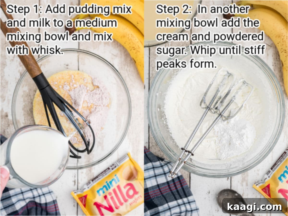 Footloose Banana Pudding 4 Two images side by side. One showing instant pudding and milk being whisked, the other showing heavy cream and powdered sugar being beaten to stiff peaks.
