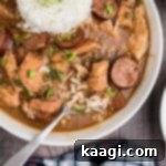 a close up of a bowl of chicken and sausage gumbo with a spoon sitting in it, looks like it's about to lift up, with some rice too
