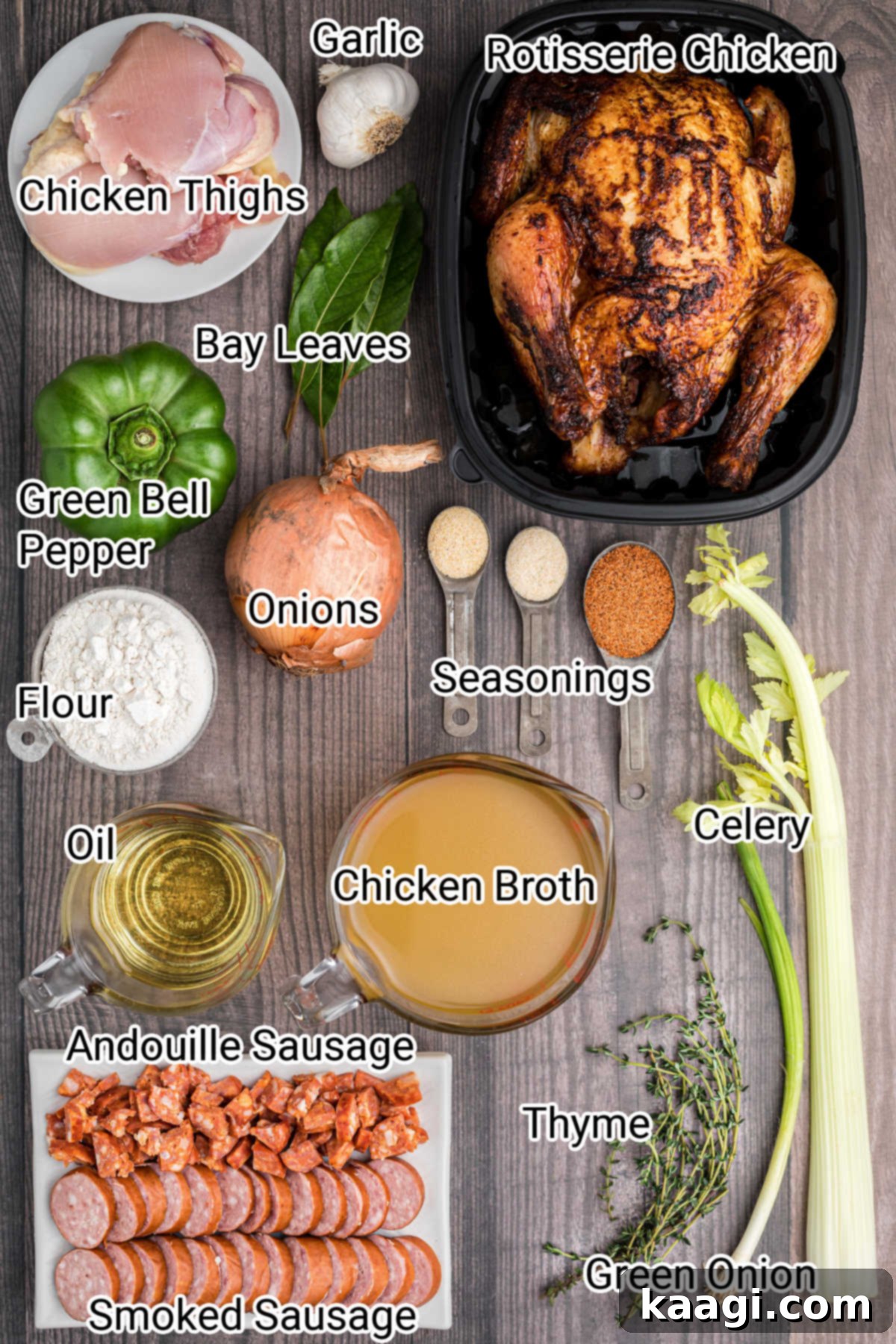 ingredients that go into a chicken and sausage gumbo all laid out and pinned with the ingredient name